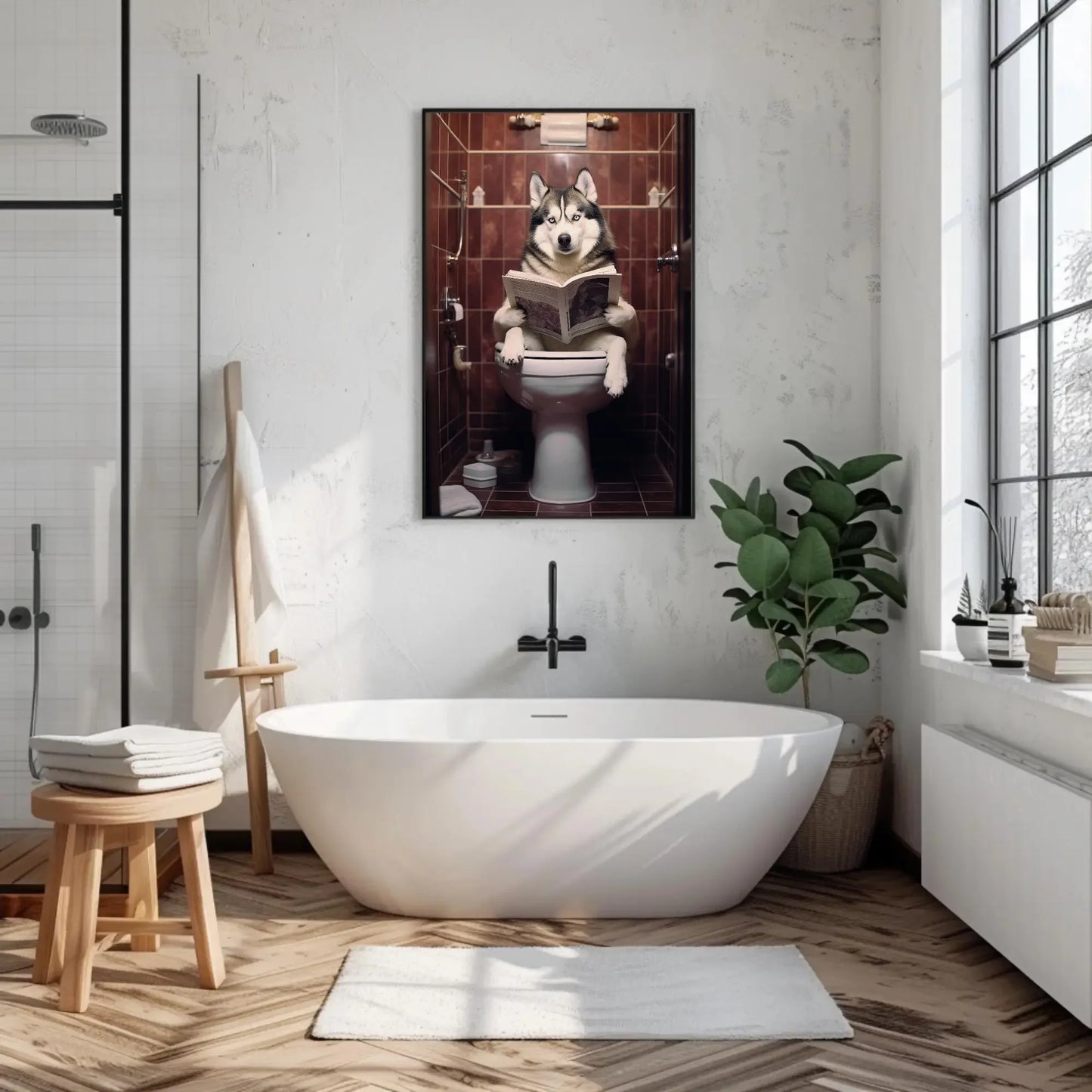 Husky Dog Reading Newspaper on Toilet Canvas Print - Toilet Humor - Whimsical Bathroom Art - Funny Animal Print - HQ Ready to Hang Wall Art – Canvas Print