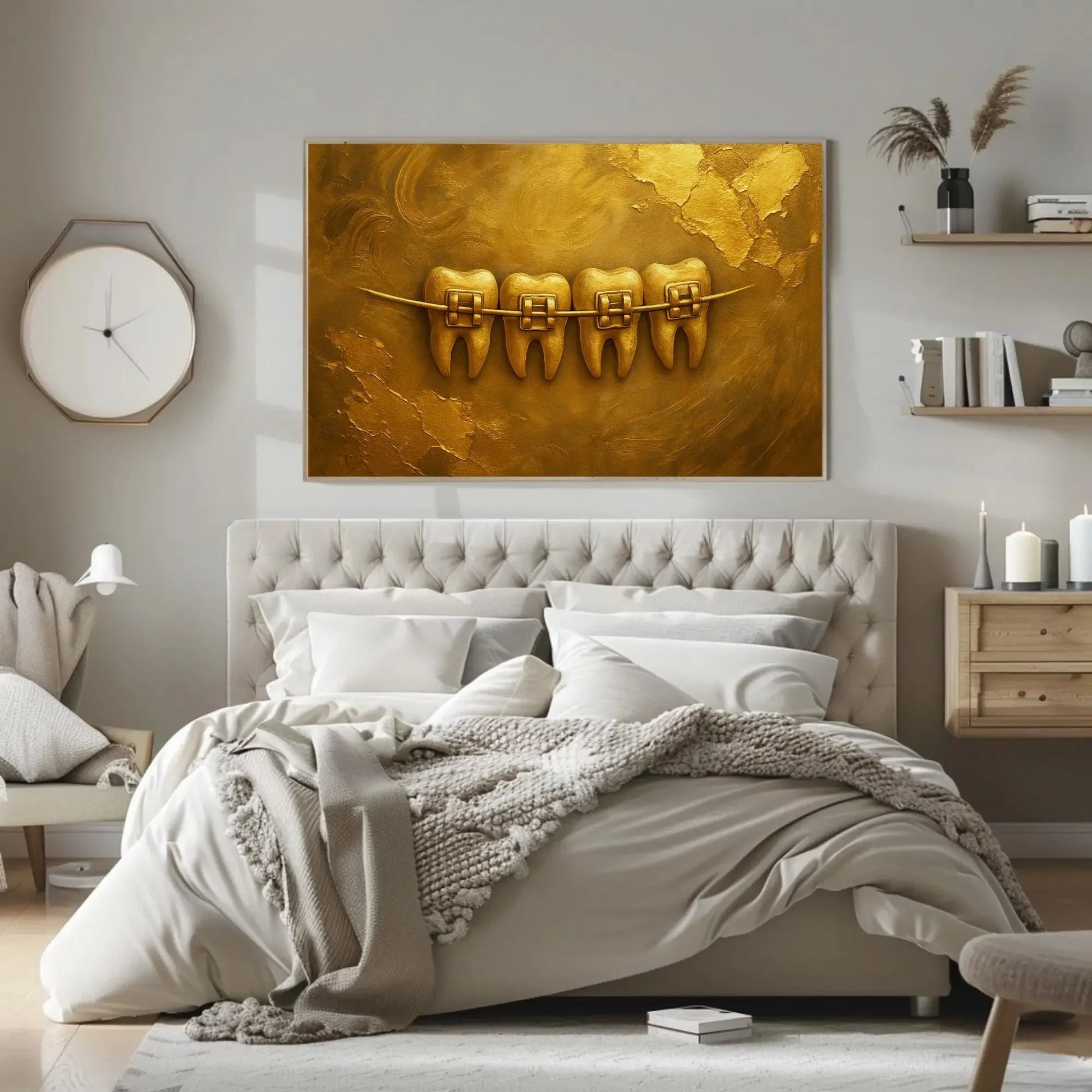 Gold Dental Art Print | Luxury Orthodontist Office Decor | Golden Teeth with Braces Canvas | Metallic 3D Textured Wall Art for Clinic Wall Art – Canvas Print