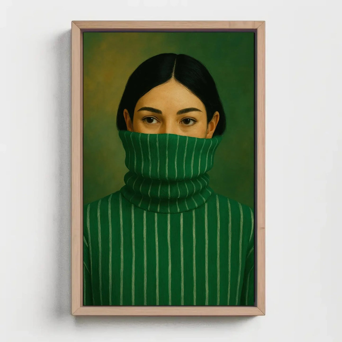 Modern Woman Portrait | Minimalist Green Wall Art | Mysterious Woman in Turtleneck Print | Chic Contemporary Fashion Poster Wall Art – Canvas Print
