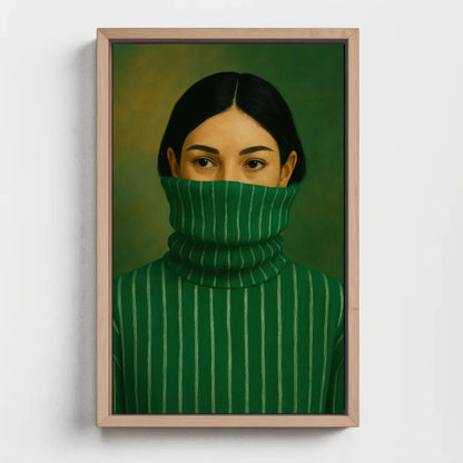 Modern Woman Portrait | Minimalist Green Wall Art | Mysterious Woman in Turtleneck Print | Chic Contemporary Fashion Poster Wall Art – Canvas Print