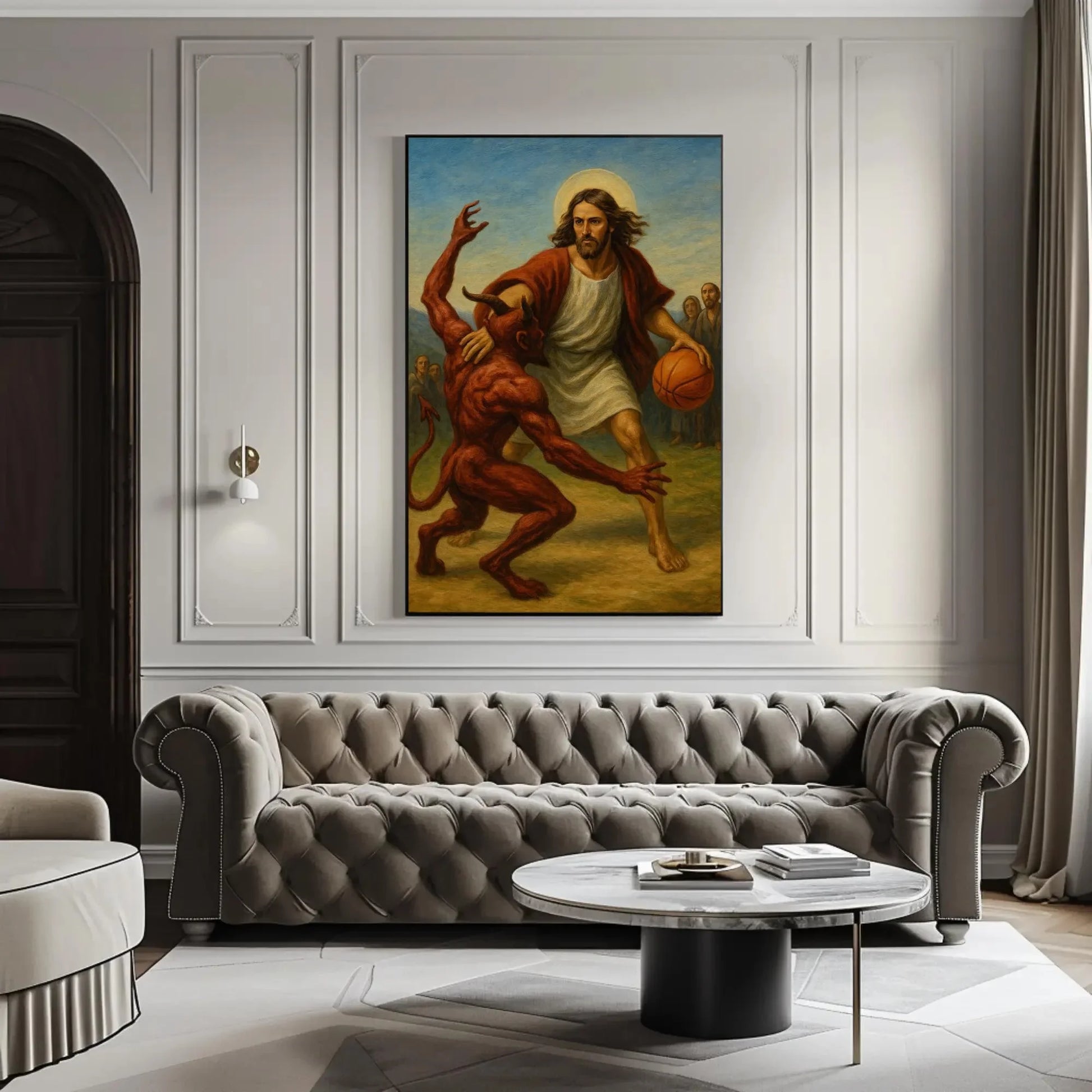 Funny jesus basketball canvas painting wall art for game room or ironic christian decor with devil one on one sports parody print Wall Art – Canvas Print