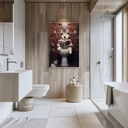 Husky Dog Reading Newspaper on Toilet Canvas Print - Toilet Humor - Whimsical Bathroom Art - Funny Animal Print - HQ Ready to Hang Wall Art – Canvas Print