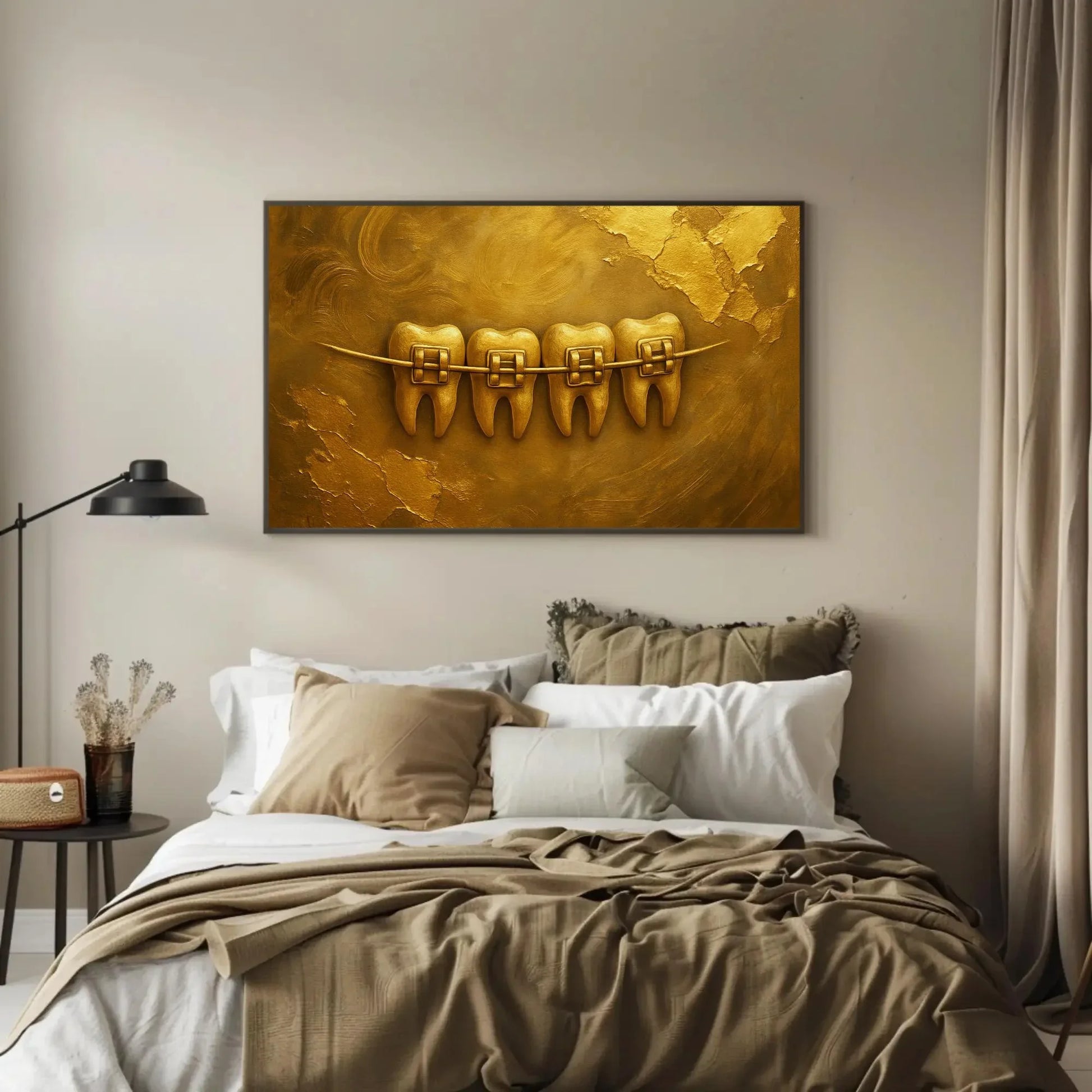 Gold Dental Art Print | Luxury Orthodontist Office Decor | Golden Teeth with Braces Canvas | Metallic 3D Textured Wall Art for Clinic Wall Art – Canvas Print