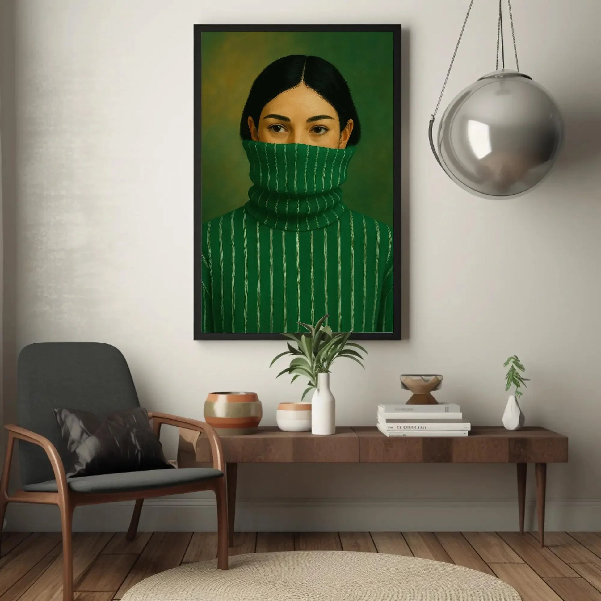 Modern Woman Portrait | Minimalist Green Wall Art | Mysterious Woman in Turtleneck Print | Chic Contemporary Fashion Poster Wall Art – Canvas Print