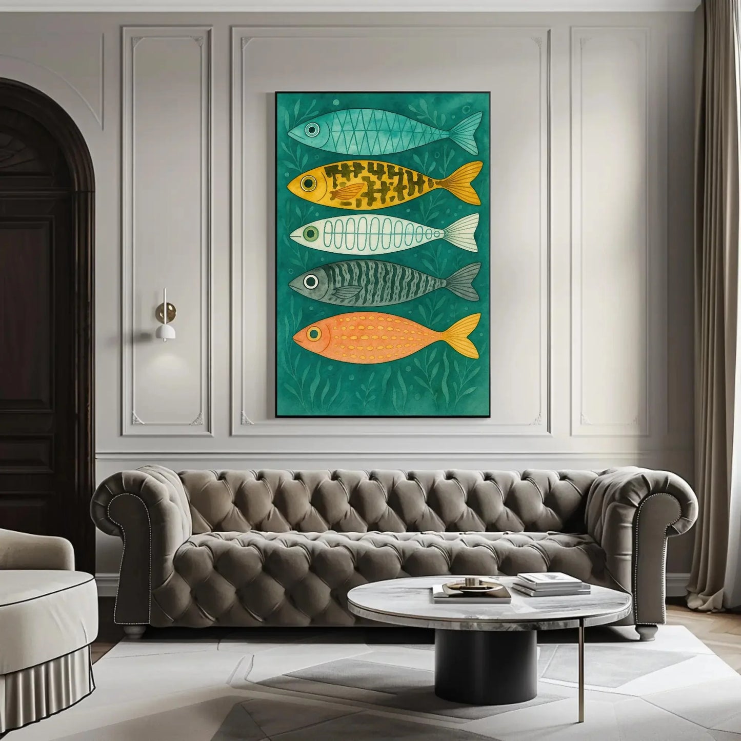 Colorful Fish Wall Art | Coastal Nursery Decor Print | Whimsical Kids Bathroom Art | Scandinavian Folk Art Fish Canvas Wall Art – Canvas Print