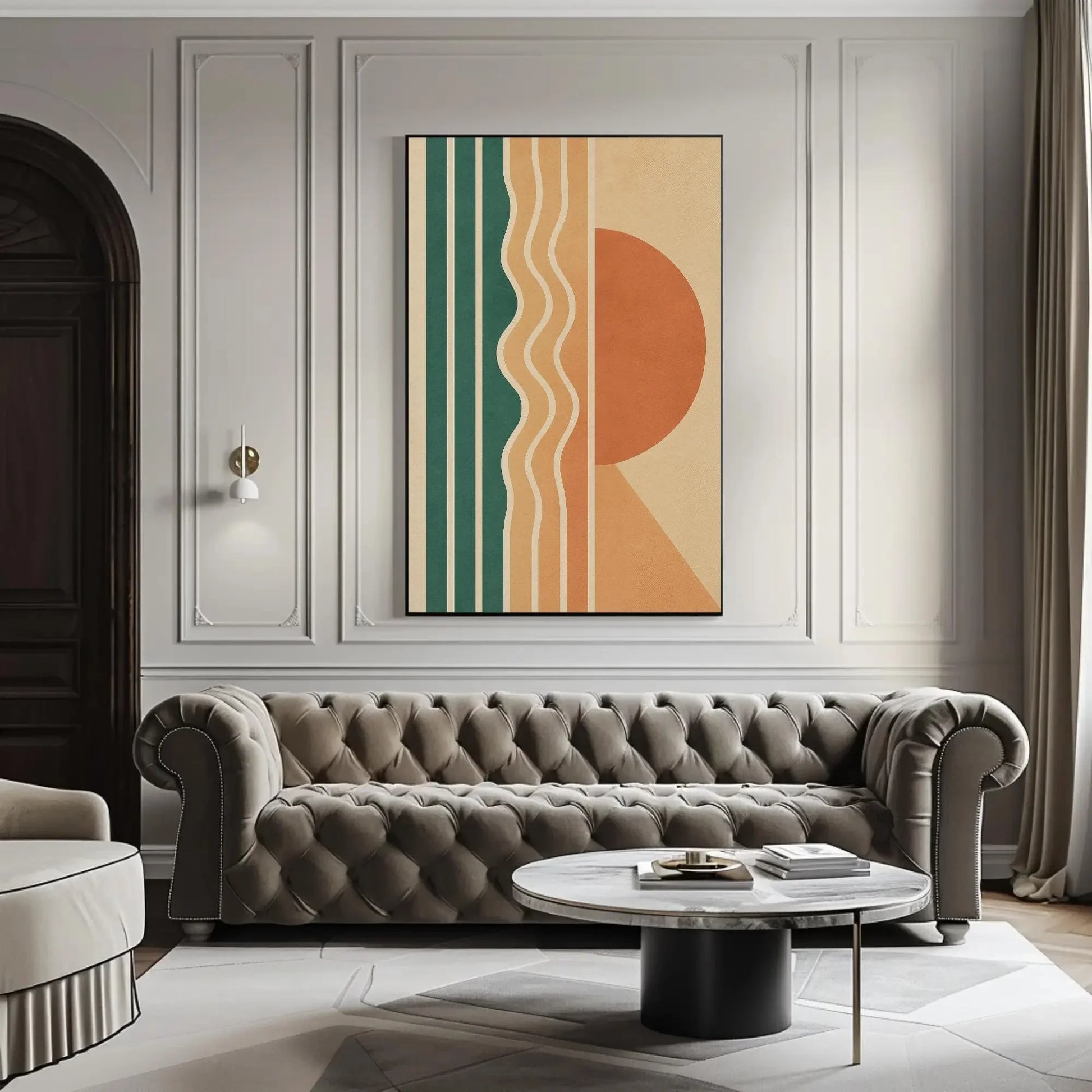 Retro Geometric Wall Art | 70s Style Sun and Waves Print | Mid Century Modern Canvas | Teal and Orange Decor for Living Room Wall Art – Canvas Print