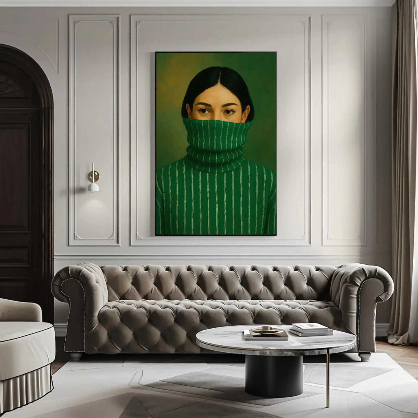Modern Woman Portrait | Minimalist Green Wall Art | Mysterious Woman in Turtleneck Print | Chic Contemporary Fashion Poster Wall Art – Canvas Print