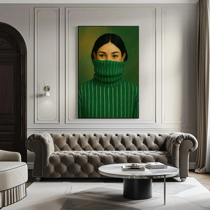 Modern Woman Portrait | Minimalist Green Wall Art | Mysterious Woman in Turtleneck Print | Chic Contemporary Fashion Poster Wall Art – Canvas Print