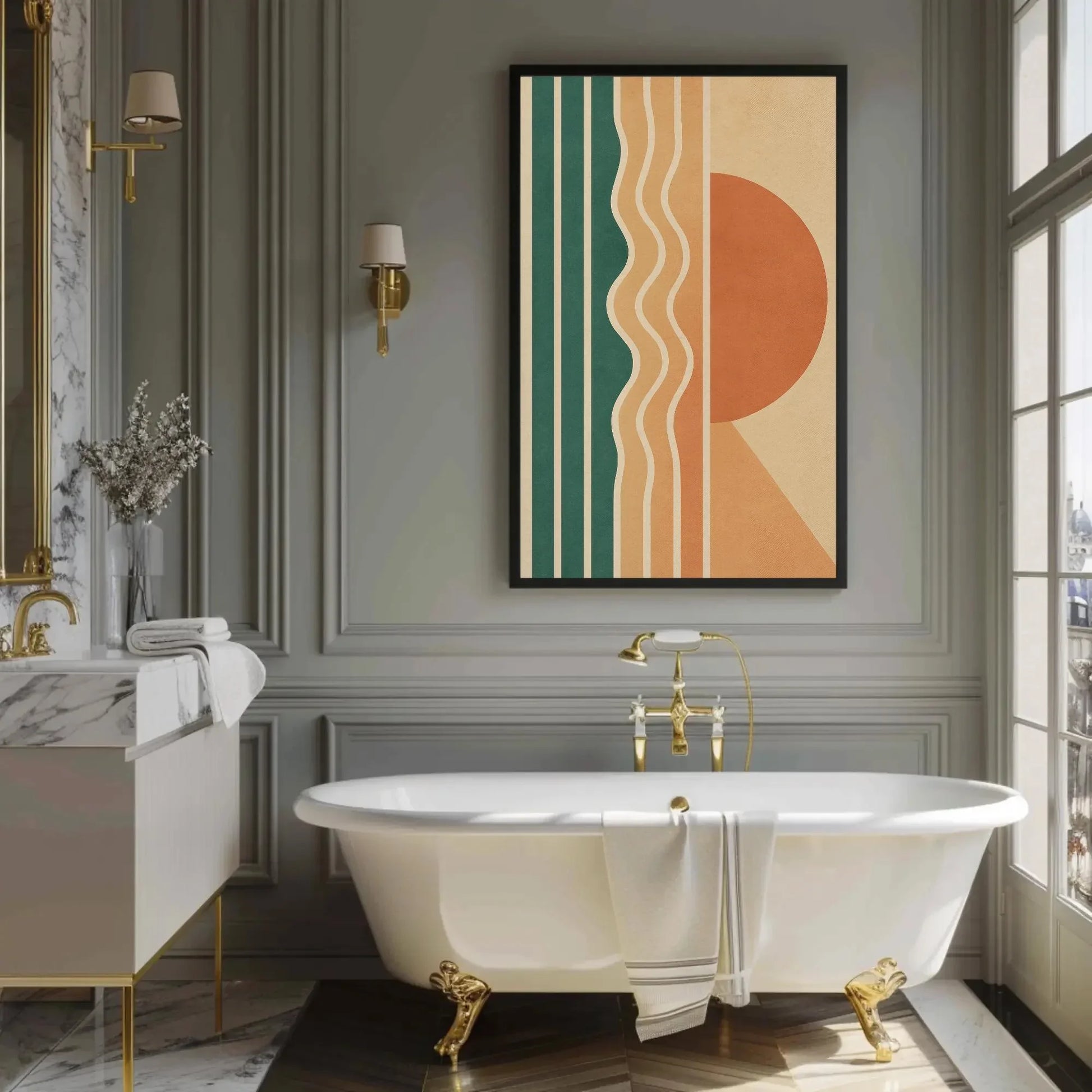 Retro Geometric Wall Art | 70s Style Sun and Waves Print | Mid Century Modern Canvas | Teal and Orange Decor for Living Room Wall Art – Canvas Print