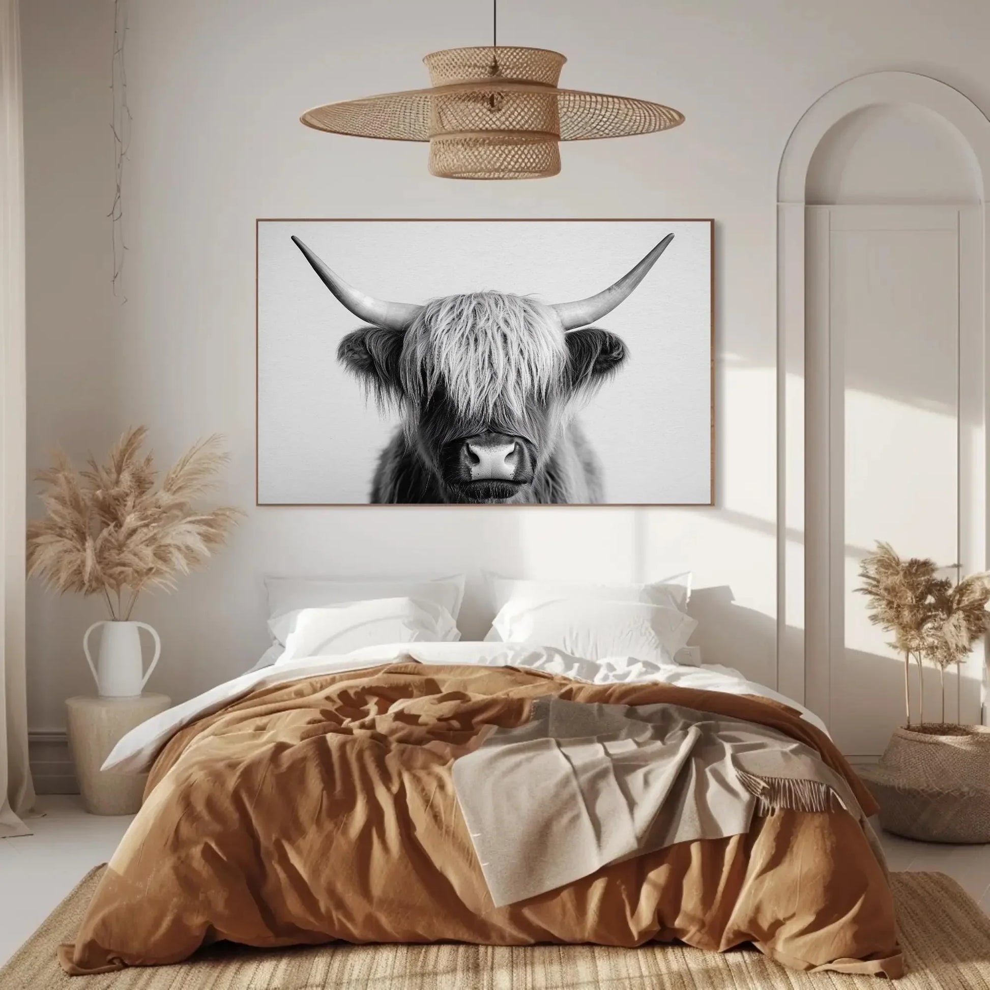 Majestic Highland Cow Canvas Print, Vintage Barn Wall Art, Cozy Rustic Farmhouse Photography for Living Room or Office Wall Art – Canvas Print