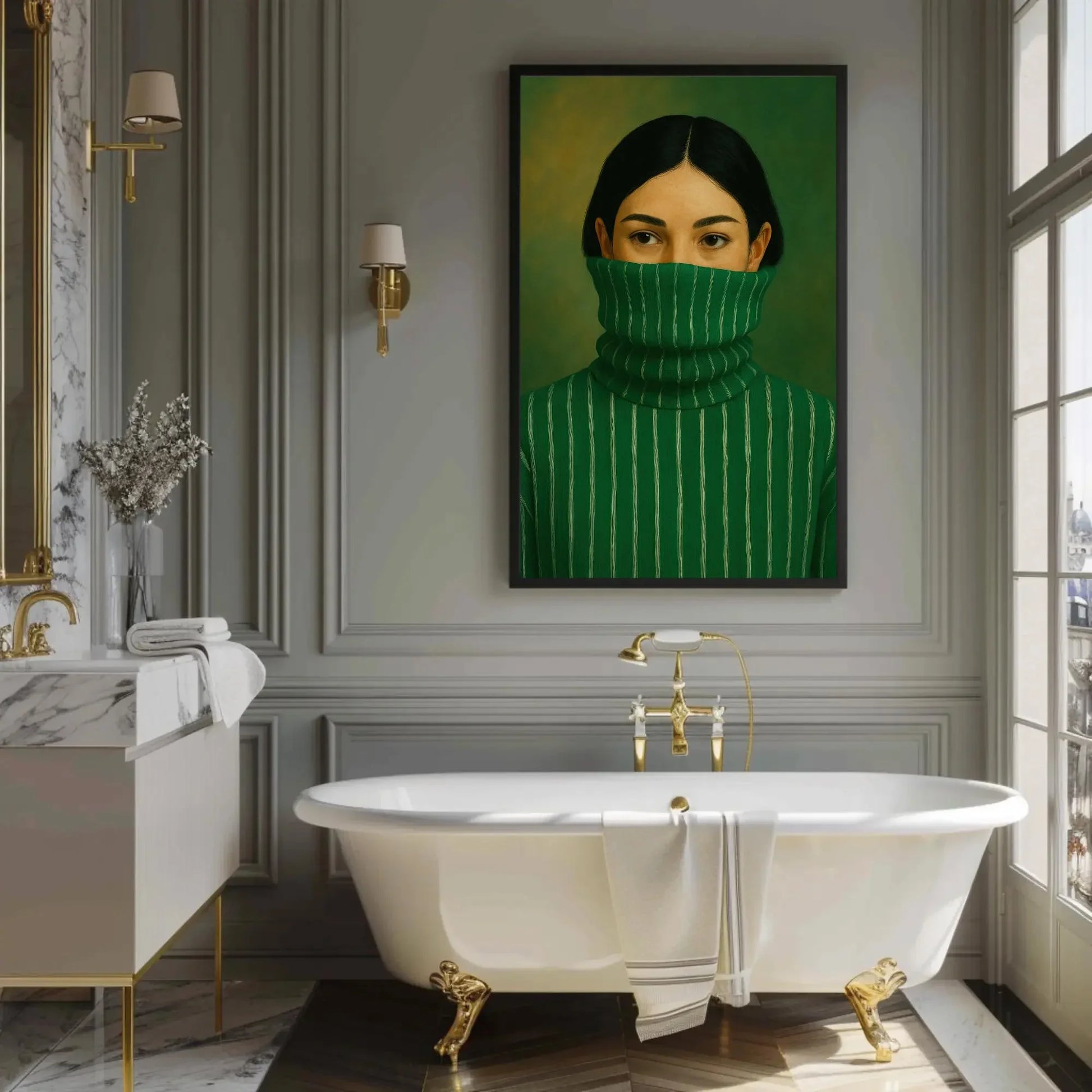 Modern Woman Portrait | Minimalist Green Wall Art | Mysterious Woman in Turtleneck Print | Chic Contemporary Fashion Poster Wall Art – Canvas Print