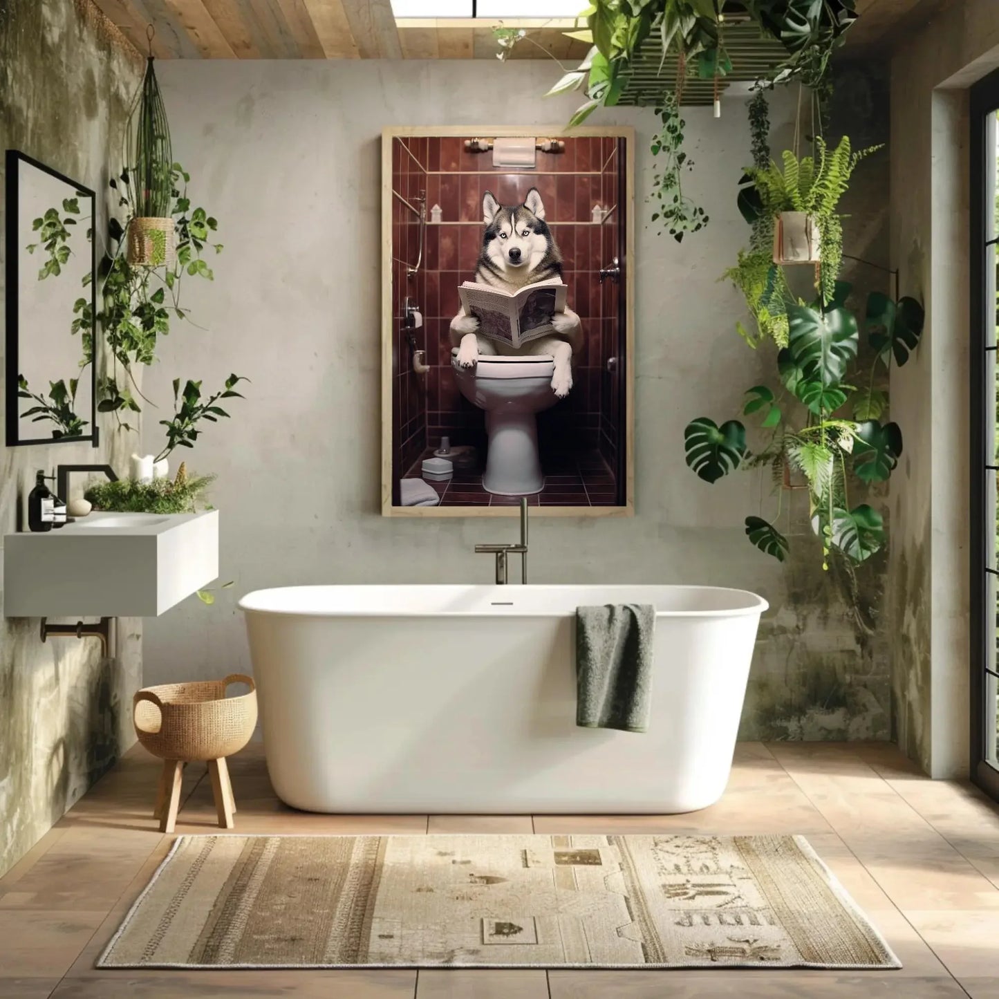 Husky Dog Reading Newspaper on Toilet Canvas Print - Toilet Humor - Whimsical Bathroom Art - Funny Animal Print - HQ Ready to Hang Wall Art – Canvas Print