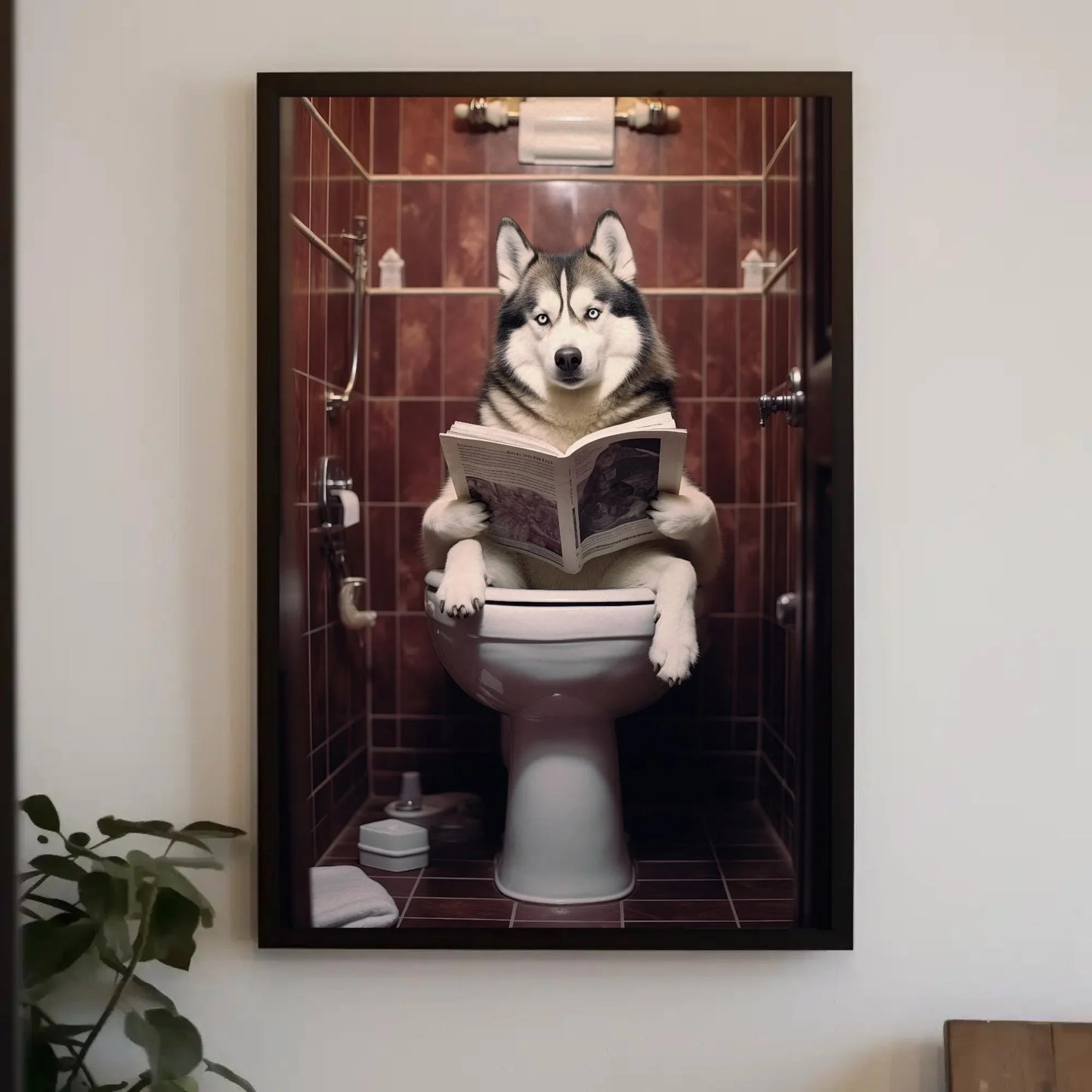 Husky Dog Reading Newspaper on Toilet Canvas Print - Toilet Humor - Whimsical Bathroom Art - Funny Animal Print - HQ Ready to Hang Wall Art – Canvas Print