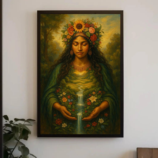 Pachamama earth goddess canvas painting wall art for nature inspired home decor with floral river landscape and divine feminine spirit Wall Art – Canvas Print