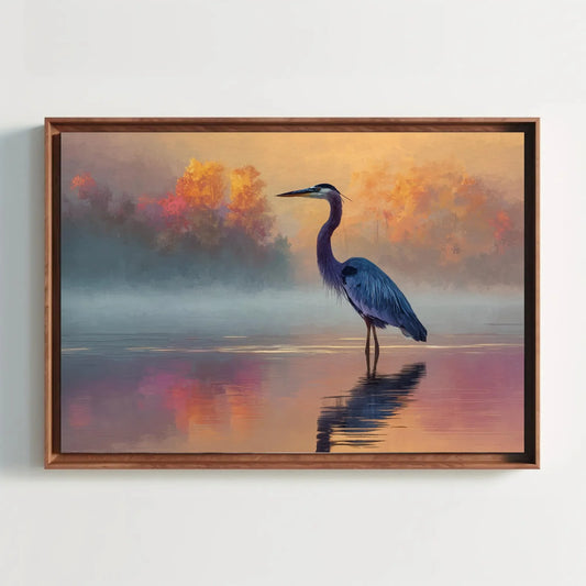 Great Blue Heron Print | Moody Coastal Bird Wall Art | Serene Lake Painting at Sunrise | Minimalist Nature Decor for Bedroom or Office Wall Art – Canvas Print