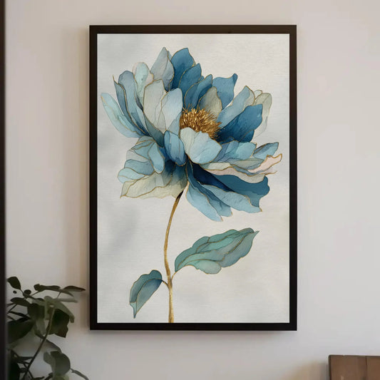 Blue Flower Wall Art | Gold Line Floral Print | Abstract Peony Canvas | Watercolor Botanical for Minimalist Bedroom Decor Wall Art – Canvas Print