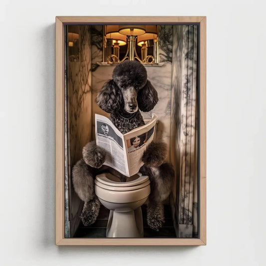 Black Poodle Dog Toilet Humor Wall Art - Dog Reading Newspaper - Funny Bathroom Canvas Print - Whimsical Bathroom Decor, Ready to Hang Wall Art – Canvas Print