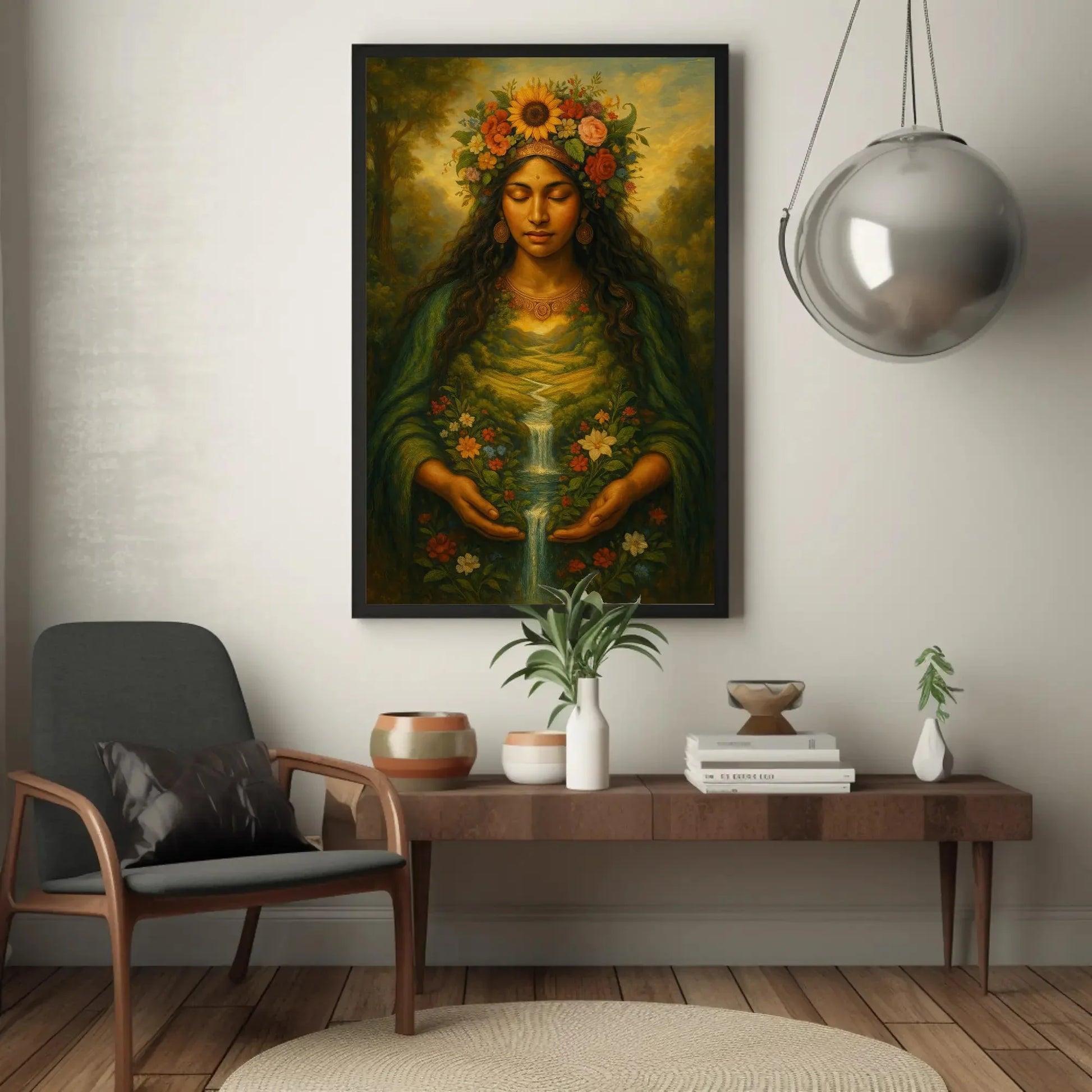 Pachamama earth goddess canvas painting wall art for nature inspired home decor with floral river landscape and divine feminine spirit Wall Art – Canvas Print
