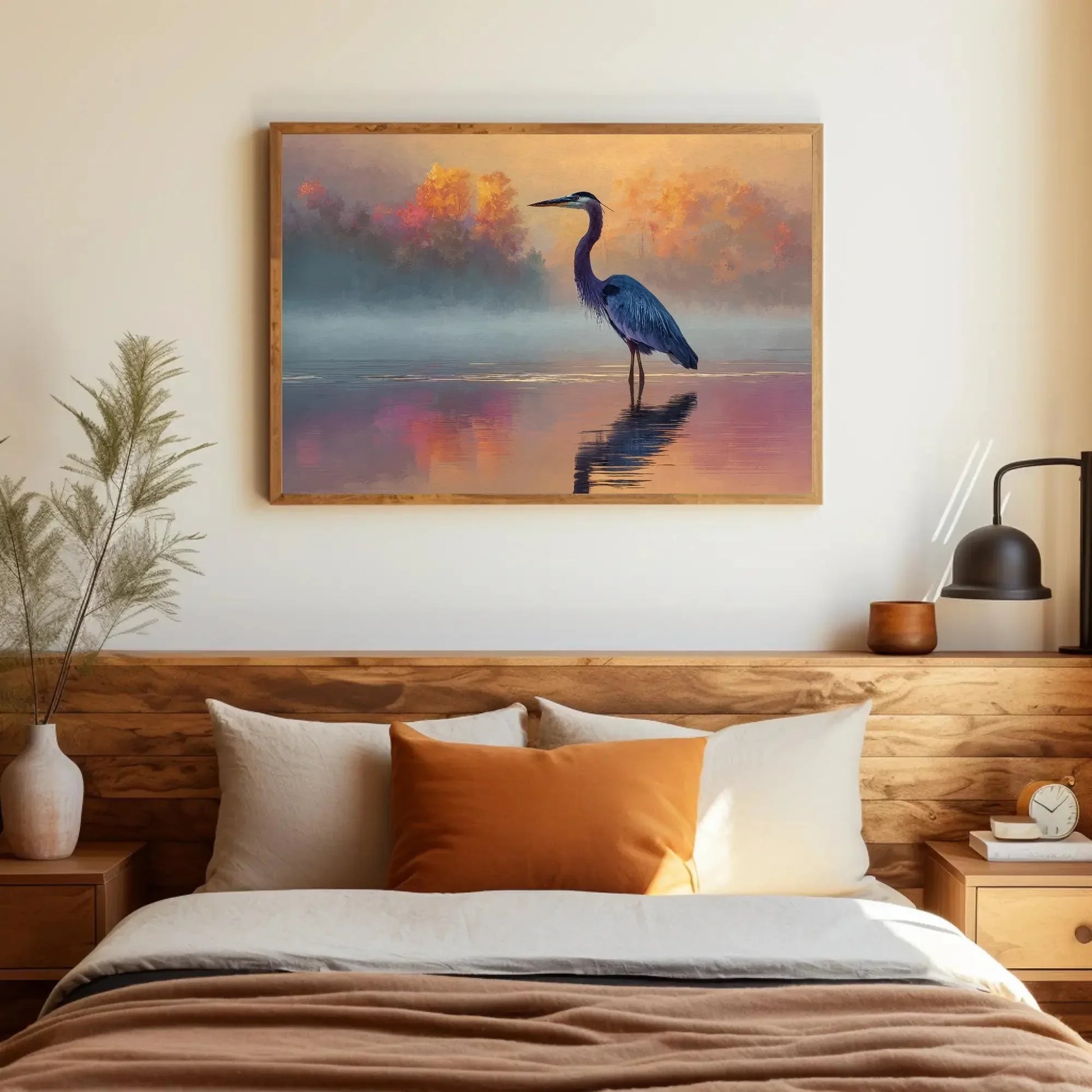 Great Blue Heron Print | Moody Coastal Bird Wall Art | Serene Lake Painting at Sunrise | Minimalist Nature Decor for Bedroom or Office Wall Art – Canvas Print