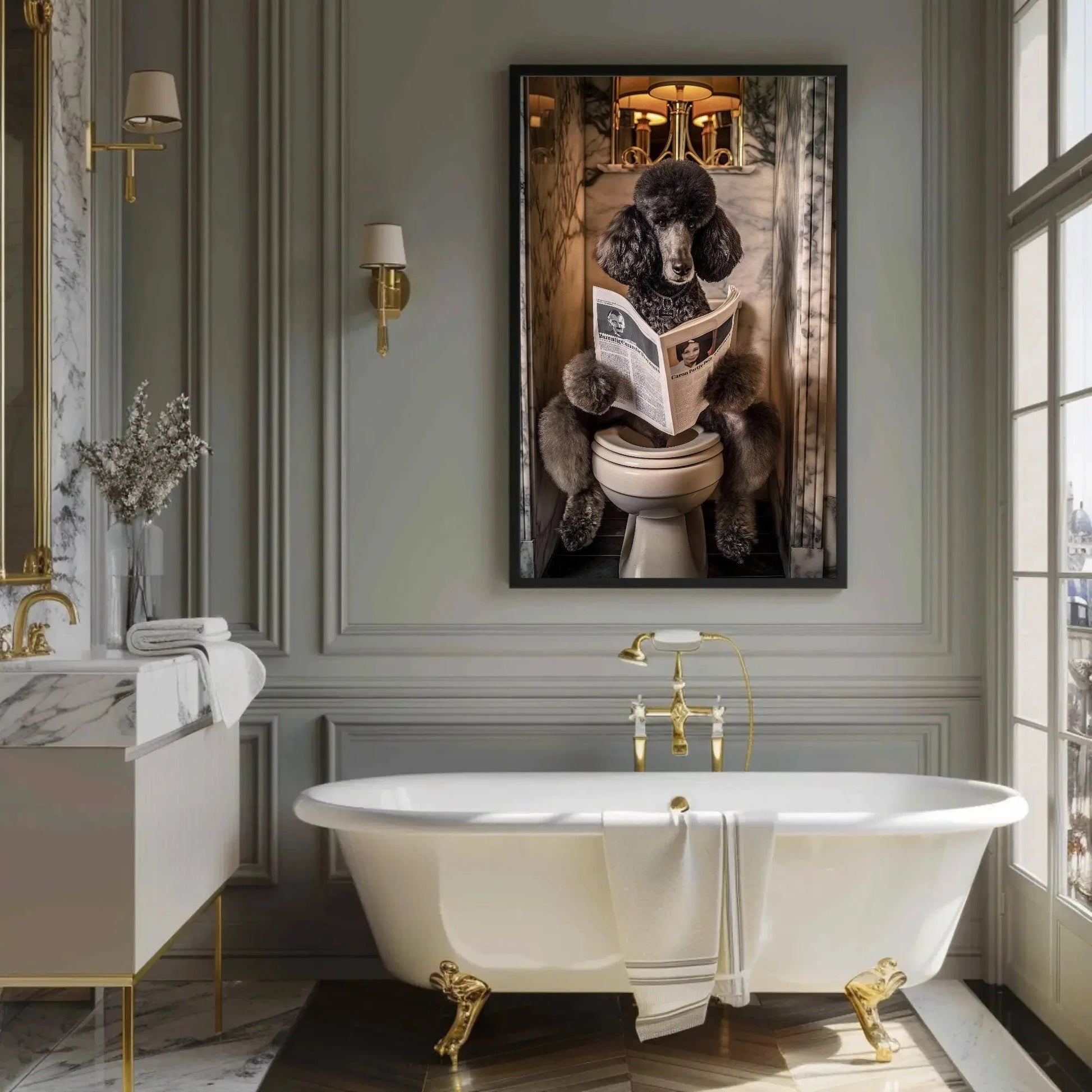Black Poodle Dog Toilet Humor Wall Art - Dog Reading Newspaper - Funny Bathroom Canvas Print - Whimsical Bathroom Decor, Ready to Hang Wall Art – Canvas Print