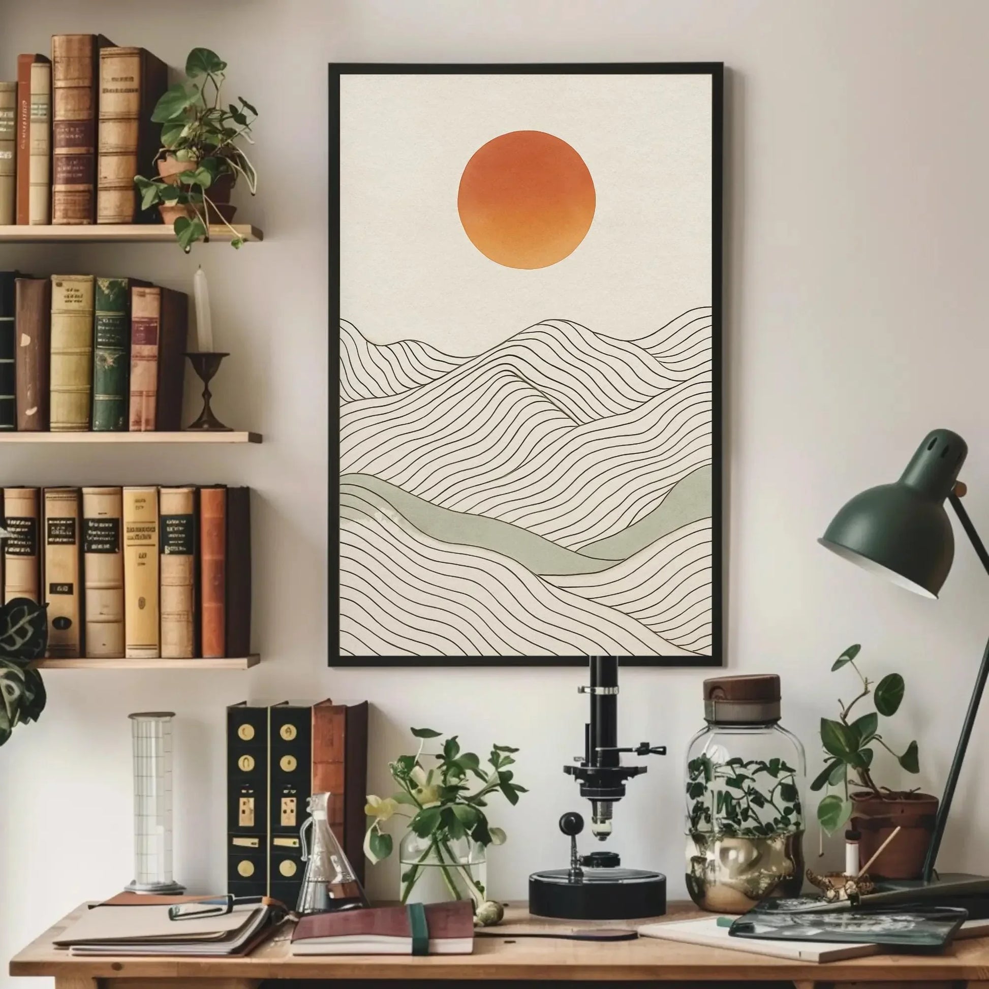 Minimalist Landscape Print | Japandi Wall Art | Abstract Sun and Hills Canvas | Boho Line Art with Neutral Tones Wall Art – Canvas Print