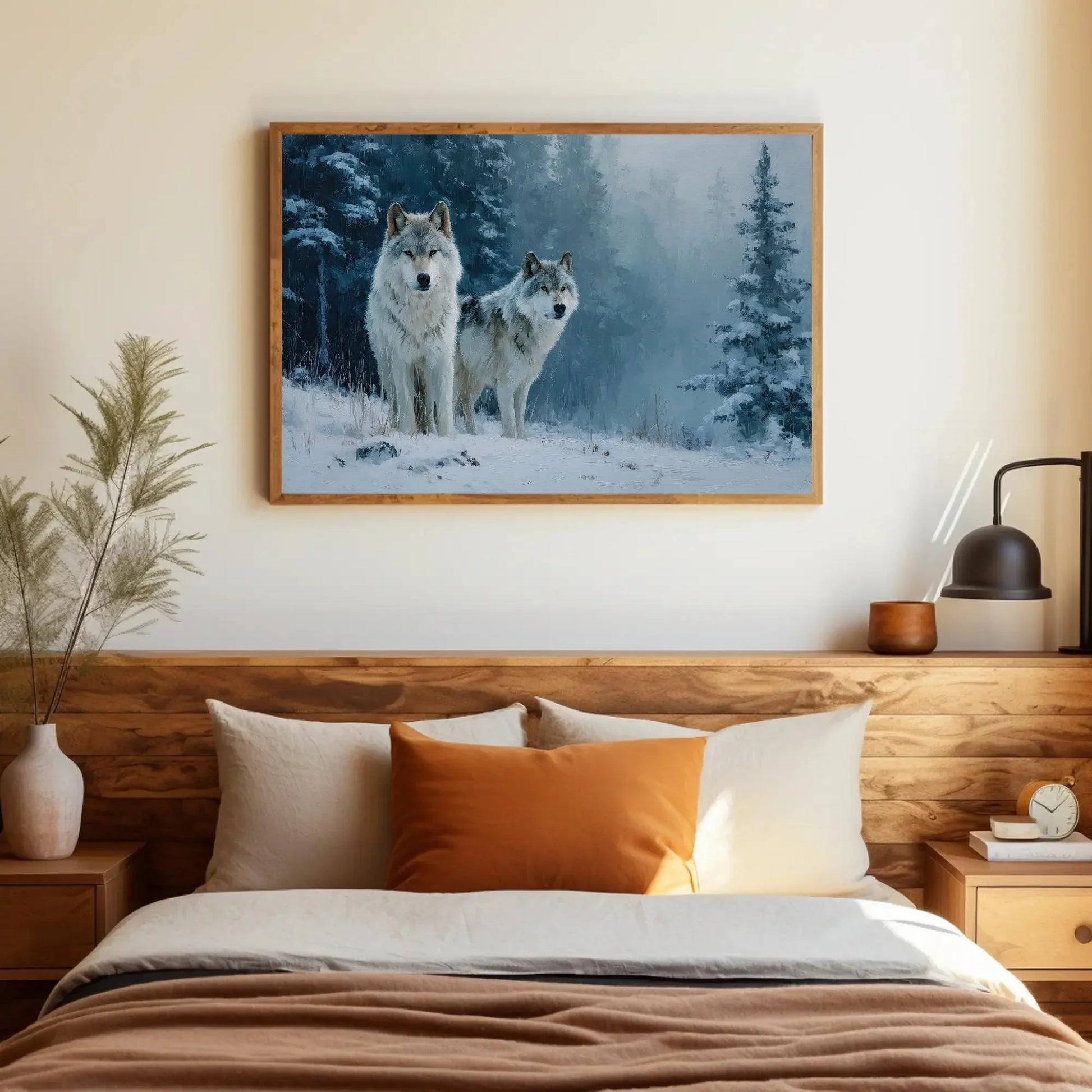 Wolf Pack Canvas Print | Winter Wolves Painting in Snowy Forest | Rustic Cabin Decor | Moody Wildlife Wall Art for Living Room or Office Wall Art – Canvas Print