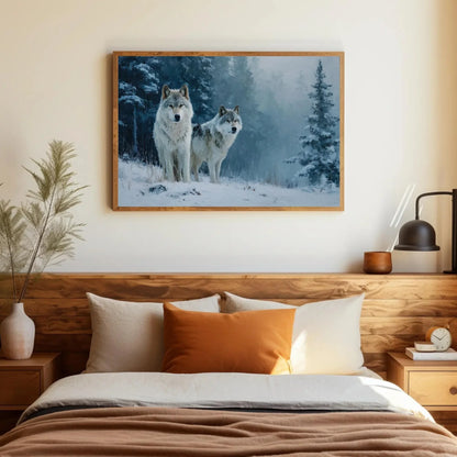 Wolf Pack Canvas Print | Winter Wolves Painting in Snowy Forest | Rustic Cabin Decor | Moody Wildlife Wall Art for Living Room or Office Wall Art – Canvas Print