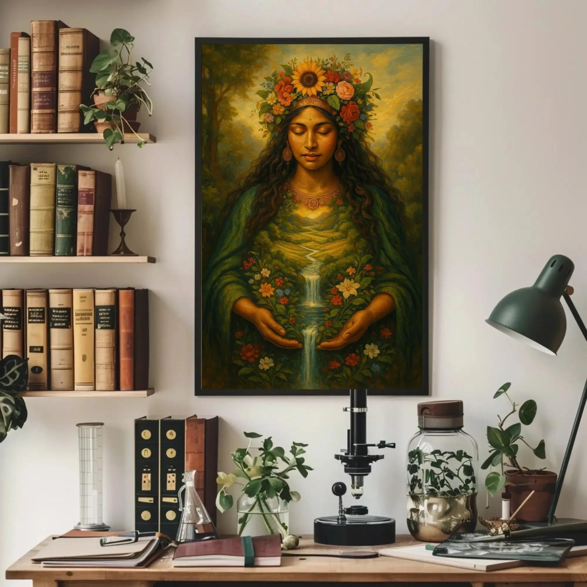 Pachamama earth goddess canvas painting wall art for nature inspired home decor with floral river landscape and divine feminine spirit Wall Art – Canvas Print