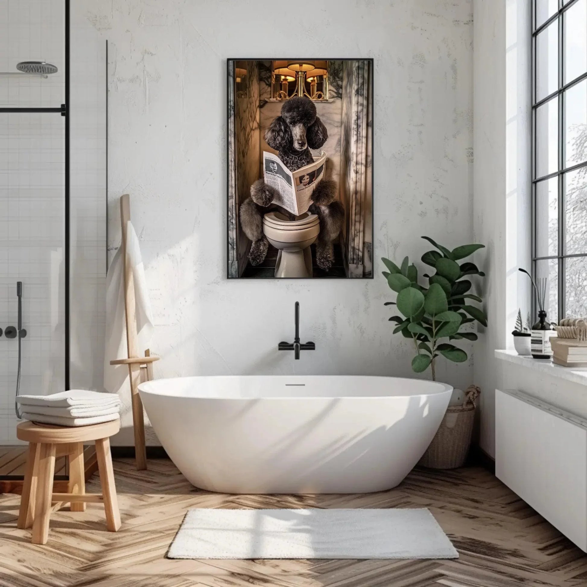 Black Poodle Dog Toilet Humor Wall Art - Dog Reading Newspaper - Funny Bathroom Canvas Print - Whimsical Bathroom Decor, Ready to Hang Wall Art – Canvas Print