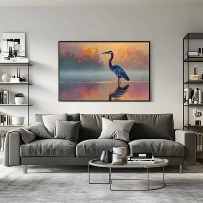 Great Blue Heron Print | Moody Coastal Bird Wall Art | Serene Lake Painting at Sunrise | Minimalist Nature Decor for Bedroom or Office Wall Art – Canvas Print