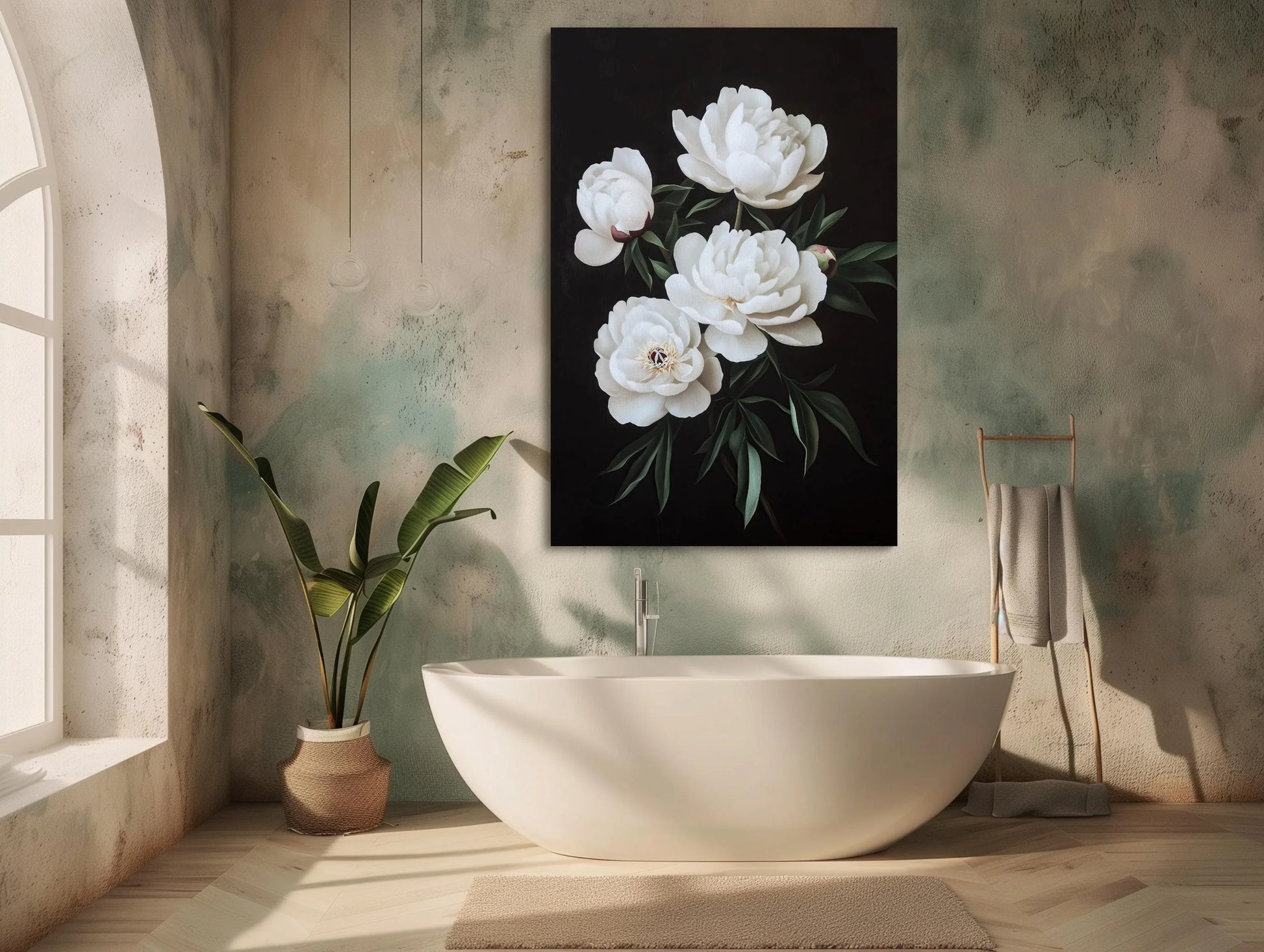 White Peonies on Matte Black Background Canvas Print - Elegant Floral Wall Art - Framed Modern Decor for Living Room, Bedroom, Ready to Hang Wall Art – Canvas Print