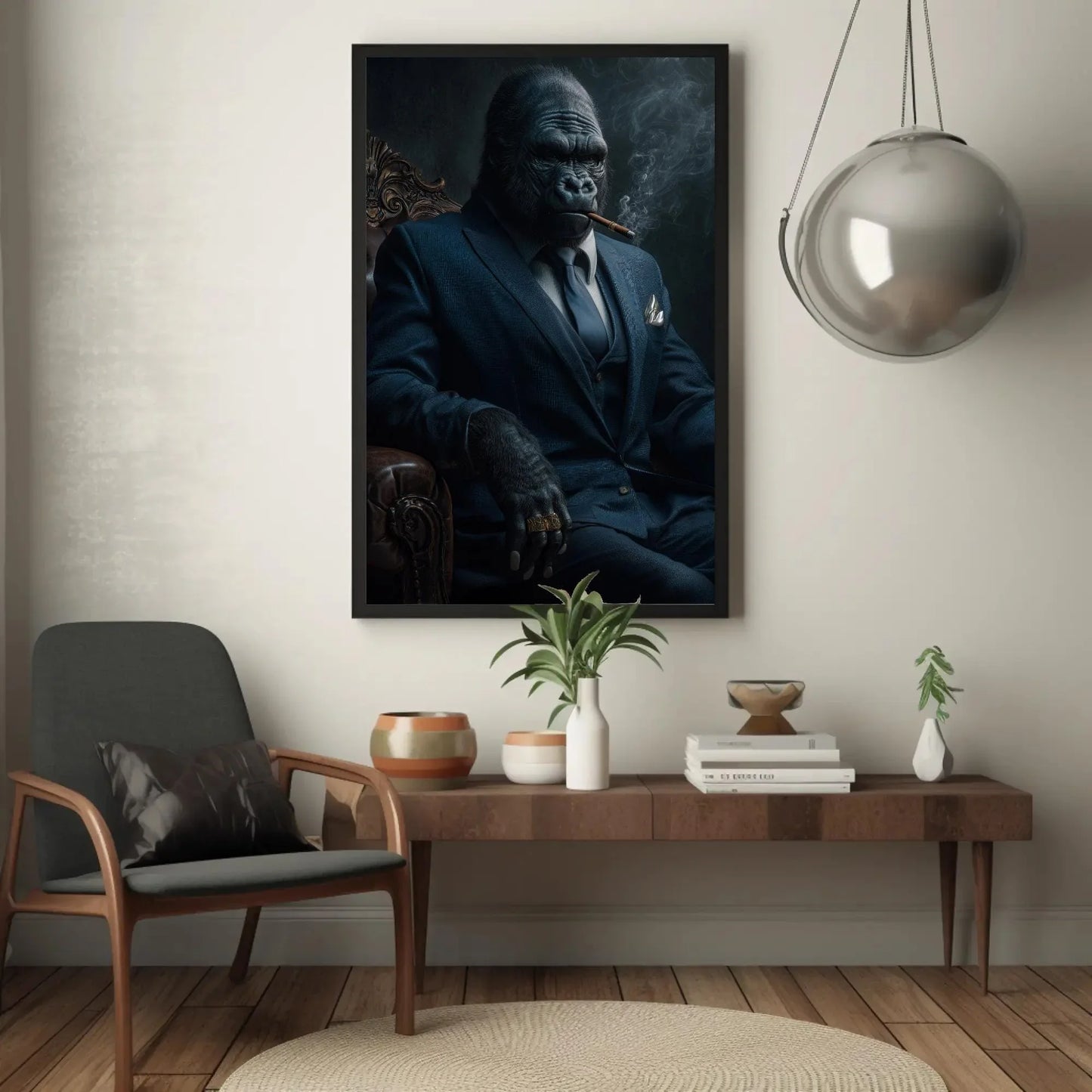 Gorilla in Suit Canvas Print, Extra Large Cigar Smoking Gorilla Wall Art, Bold Animal Portrait for Man Cave, Office, Modern Masculine Decor Wall Art – Canvas Print