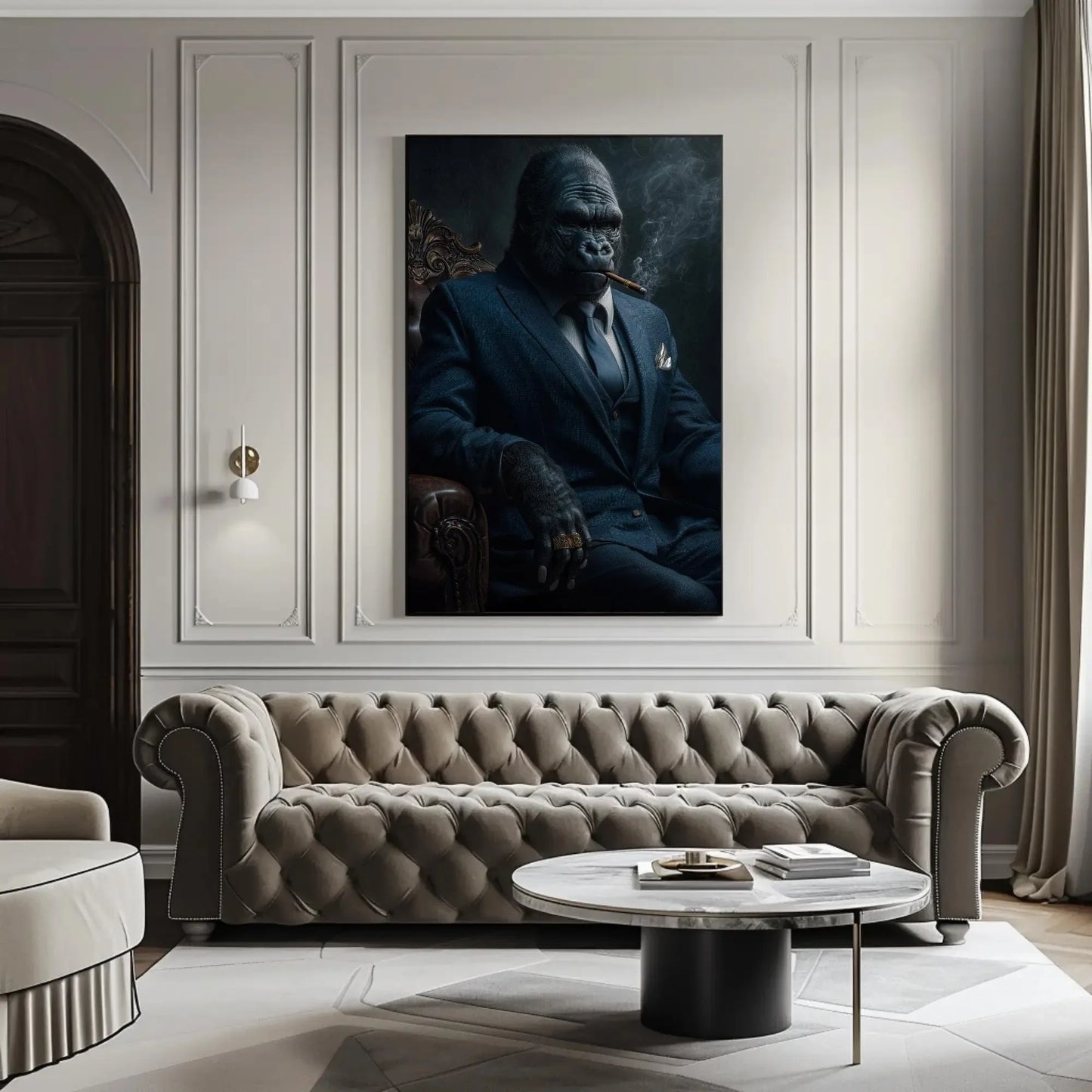 Gorilla in Suit Canvas Print, Extra Large Cigar Smoking Gorilla Wall Art, Bold Animal Portrait for Man Cave, Office, Modern Masculine Decor Wall Art – Canvas Print