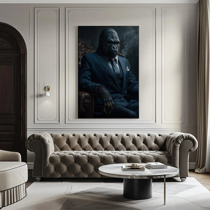 Gorilla in Suit Canvas Print, Extra Large Cigar Smoking Gorilla Wall Art, Bold Animal Portrait for Man Cave, Office, Modern Masculine Decor Wall Art – Canvas Print
