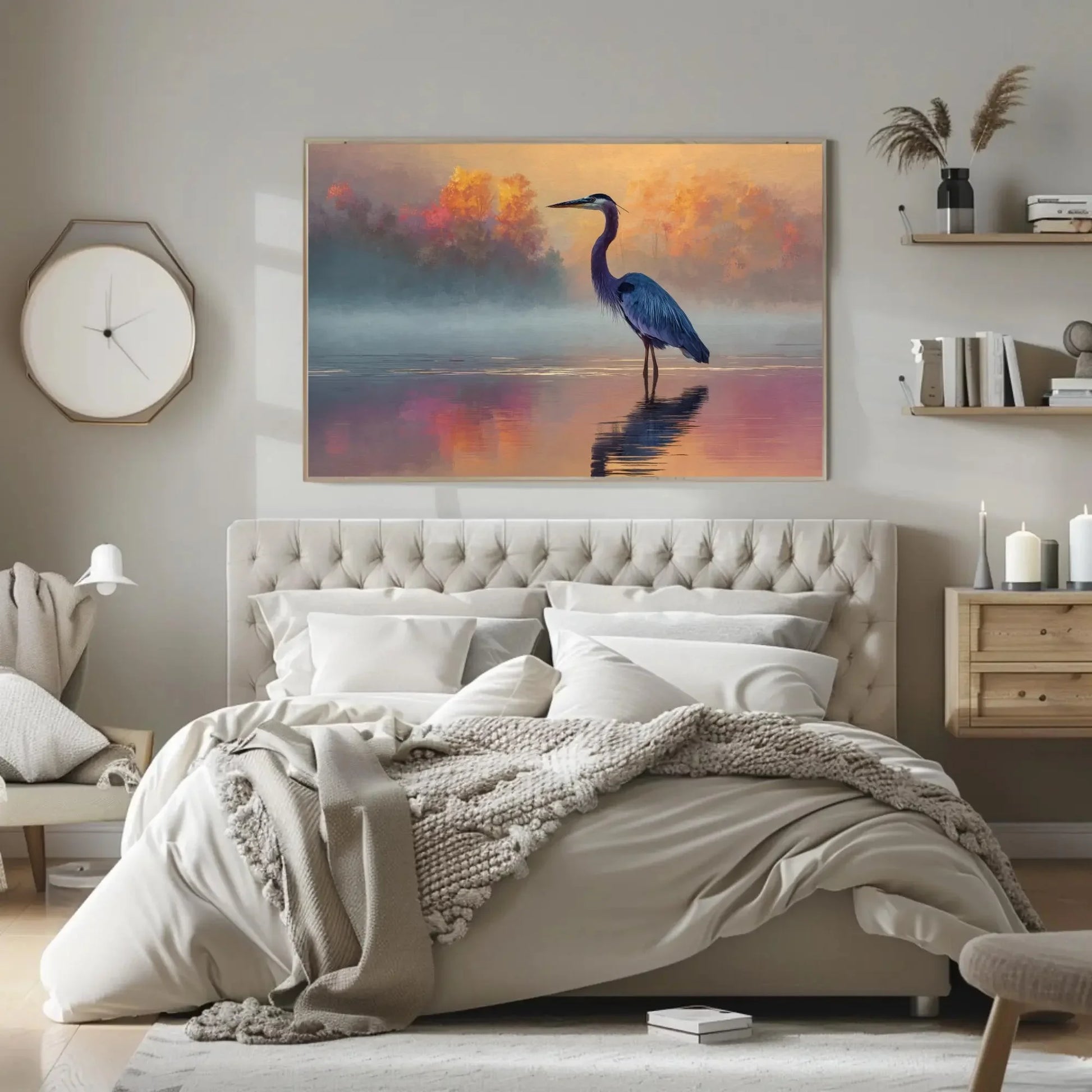Great Blue Heron Print | Moody Coastal Bird Wall Art | Serene Lake Painting at Sunrise | Minimalist Nature Decor for Bedroom or Office Wall Art – Canvas Print