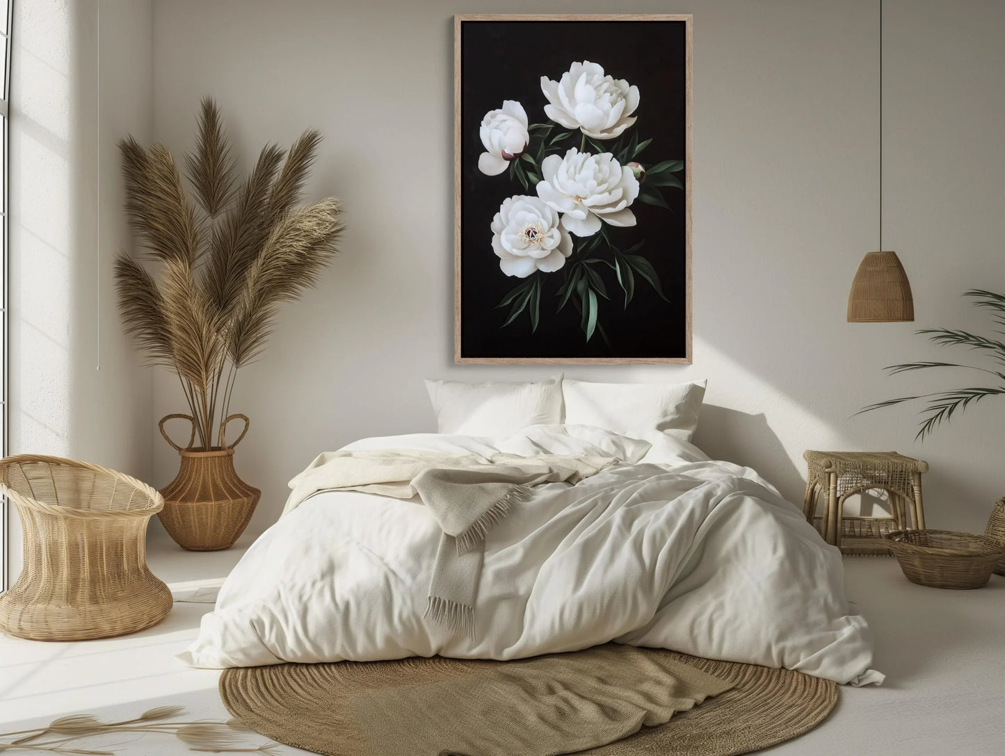 White Peonies on Matte Black Background Canvas Print - Elegant Floral Wall Art - Framed Modern Decor for Living Room, Bedroom, Ready to Hang Wall Art – Canvas Print