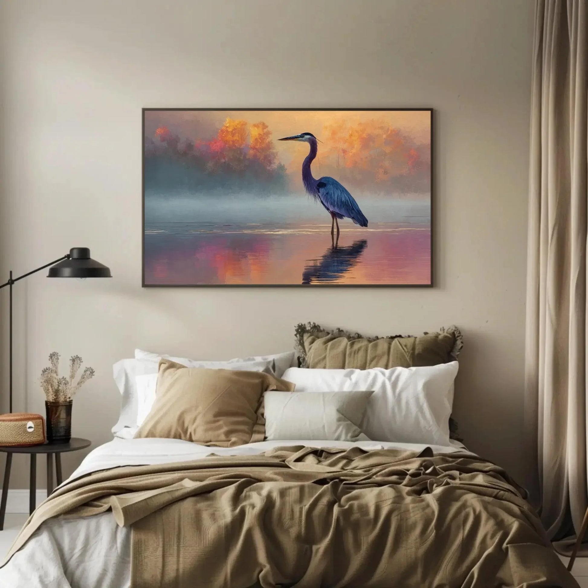 Great Blue Heron Print | Moody Coastal Bird Wall Art | Serene Lake Painting at Sunrise | Minimalist Nature Decor for Bedroom or Office Wall Art – Canvas Print