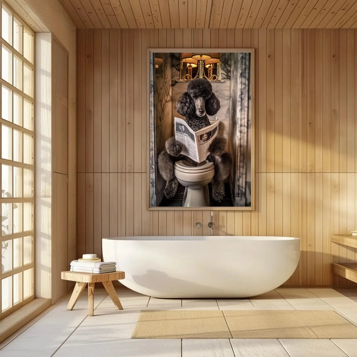 Black Poodle Dog Toilet Humor Wall Art - Dog Reading Newspaper - Funny Bathroom Canvas Print - Whimsical Bathroom Decor, Ready to Hang Wall Art – Canvas Print