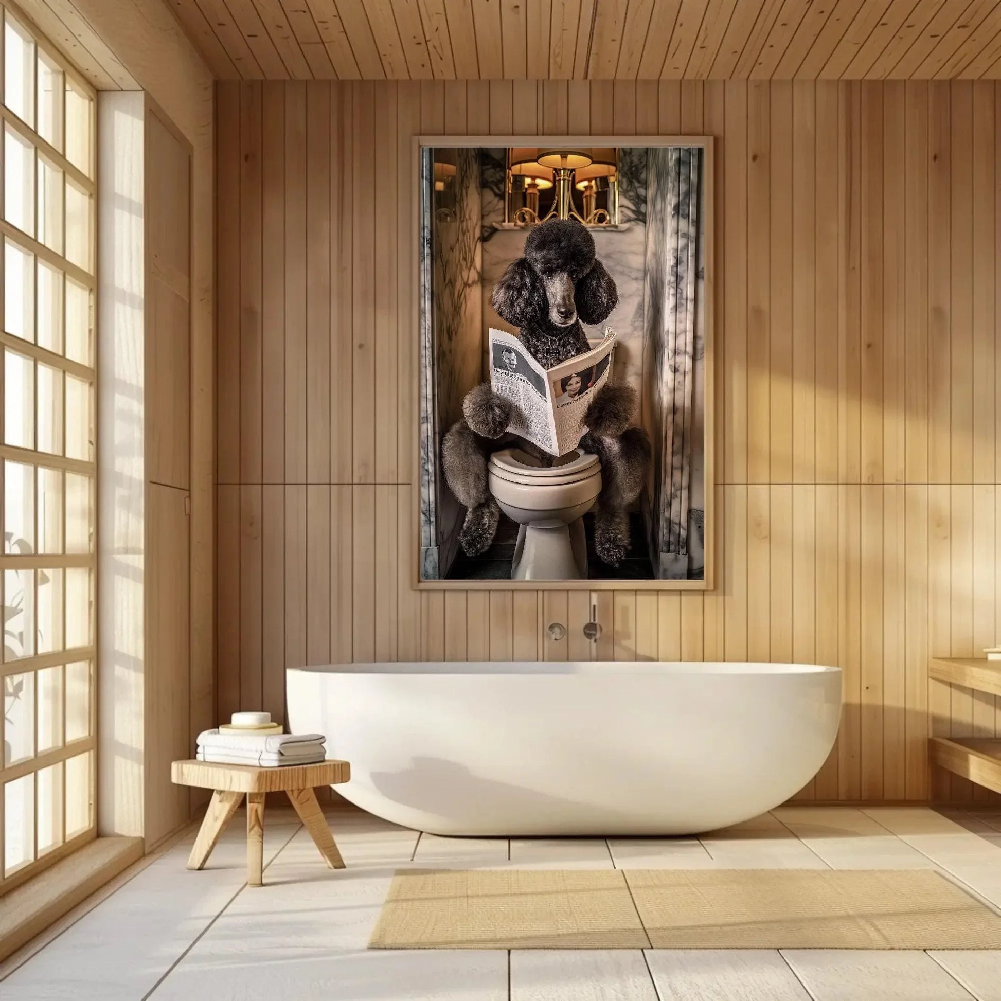 Black Poodle Dog Toilet Humor Wall Art - Dog Reading Newspaper - Funny Bathroom Canvas Print - Whimsical Bathroom Decor, Ready to Hang Wall Art – Canvas Print