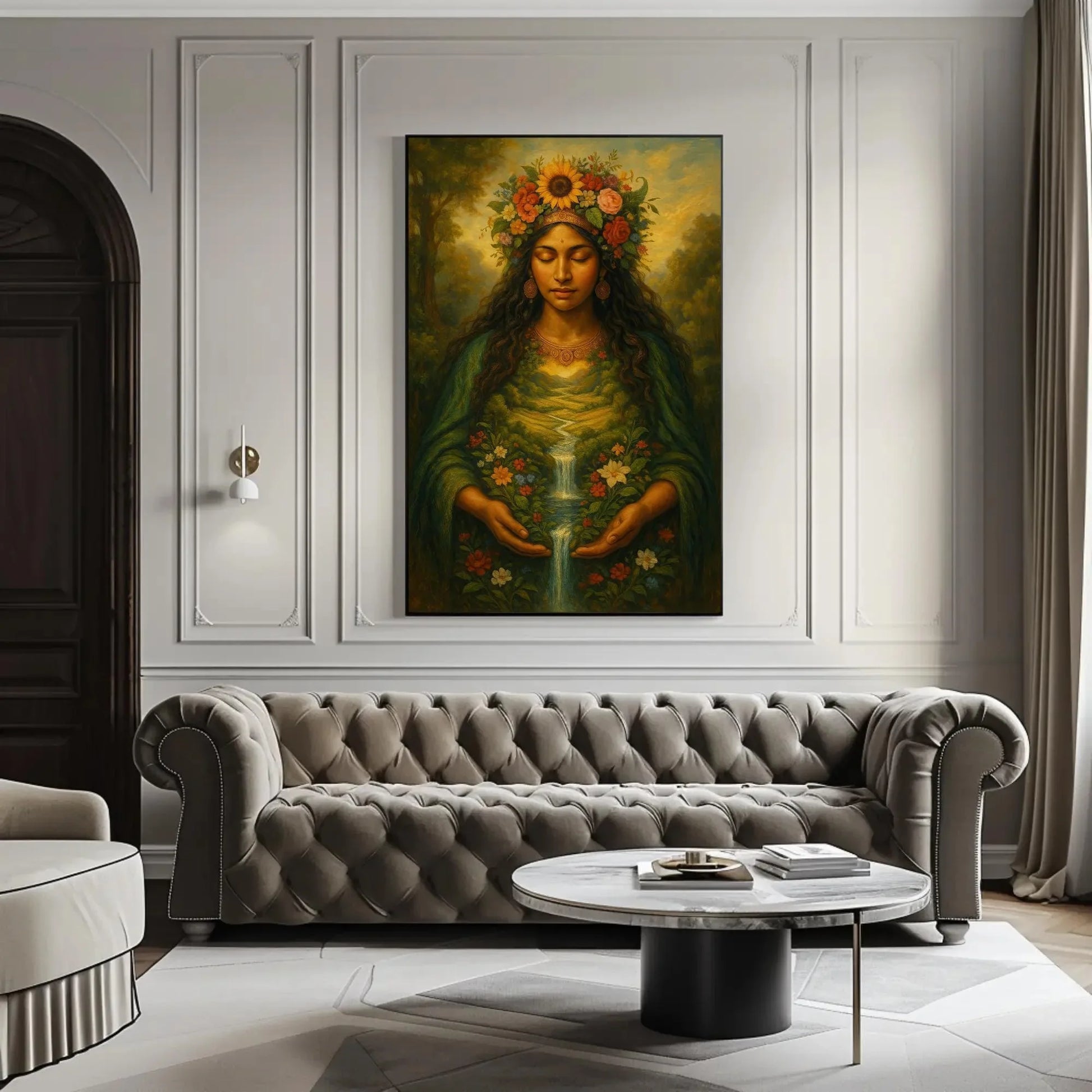 Pachamama earth goddess canvas painting wall art for nature inspired home decor with floral river landscape and divine feminine spirit Wall Art – Canvas Print