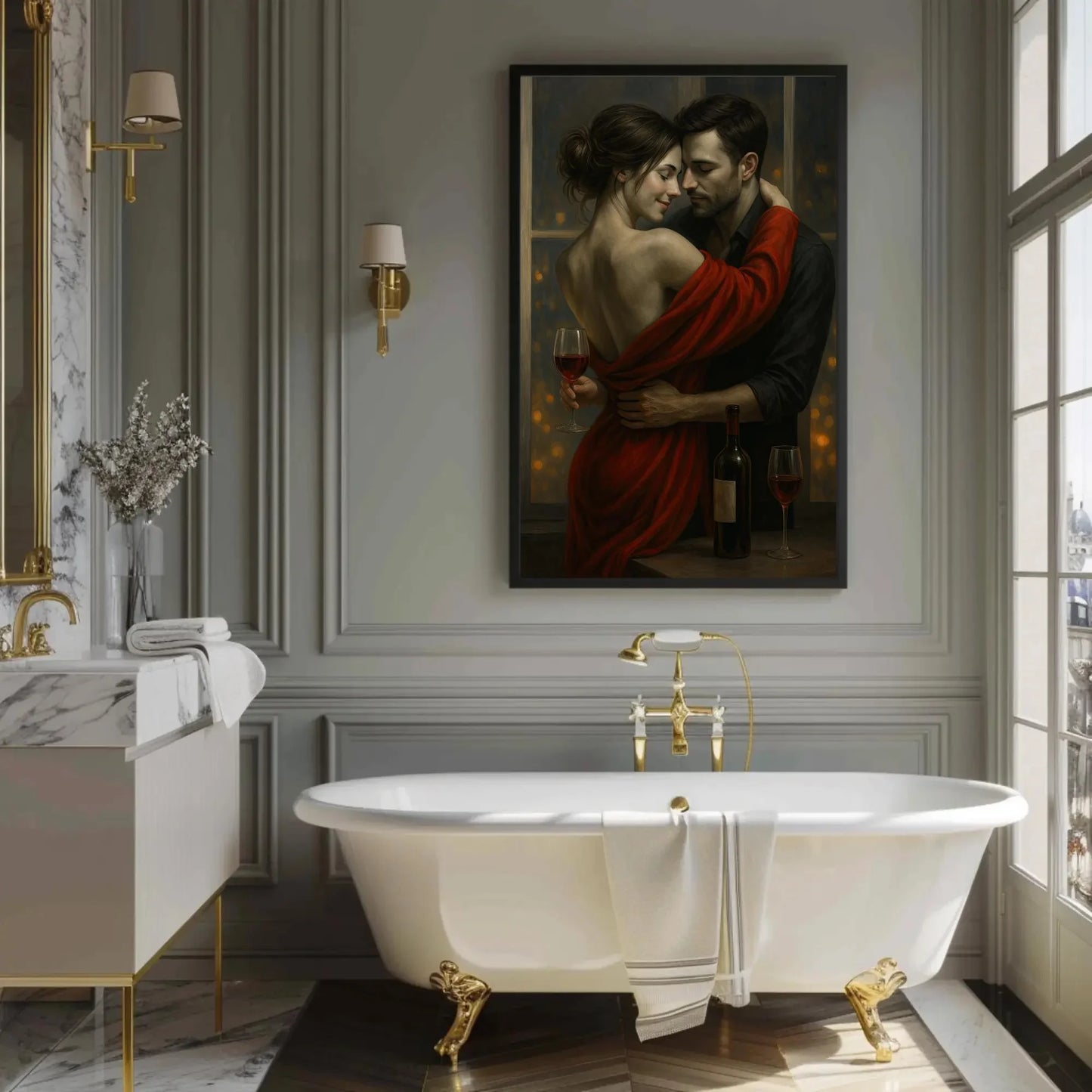 Romantic Couple Wall Art | Sensual Bedroom Decor Canvas | Intimate Wine Night Painting | Anniversary Gift for Husband or Wife Wall Art – Canvas Print