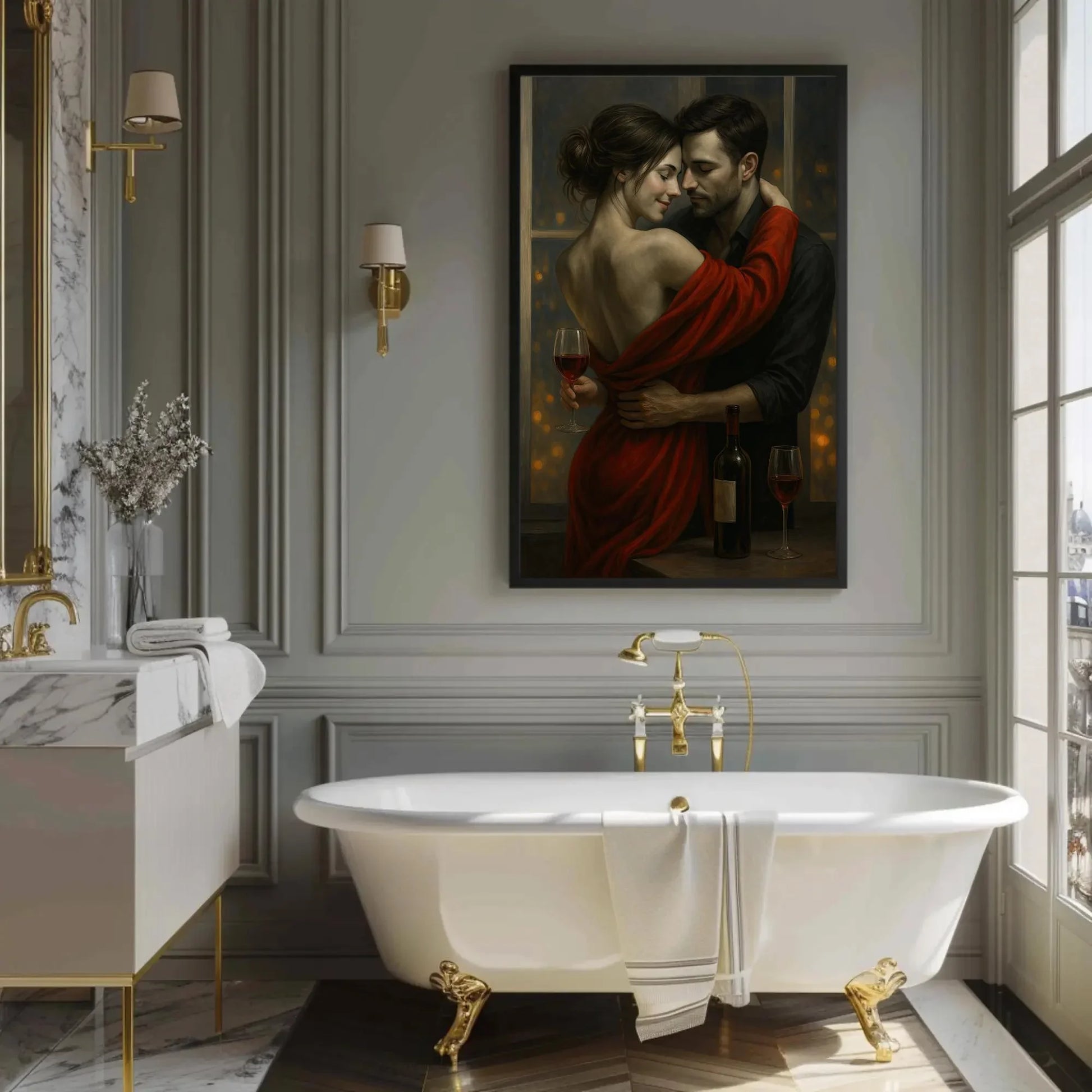 Romantic Couple Wall Art | Sensual Bedroom Decor Canvas | Intimate Wine Night Painting | Anniversary Gift for Husband or Wife Wall Art – Canvas Print