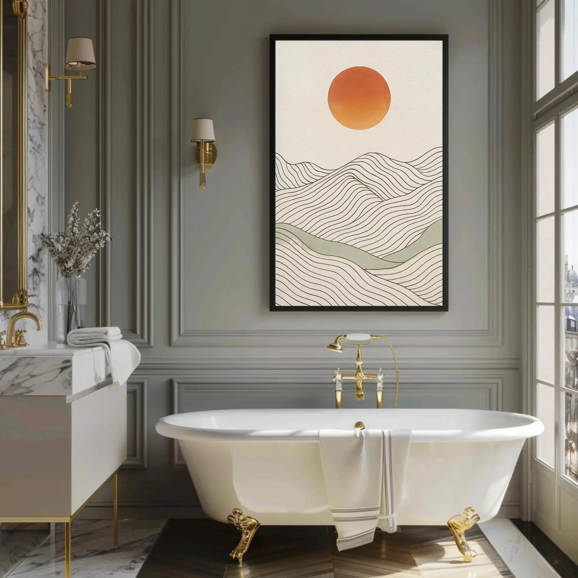 Minimalist Landscape Print | Japandi Wall Art | Abstract Sun and Hills Canvas | Boho Line Art with Neutral Tones Wall Art – Canvas Print