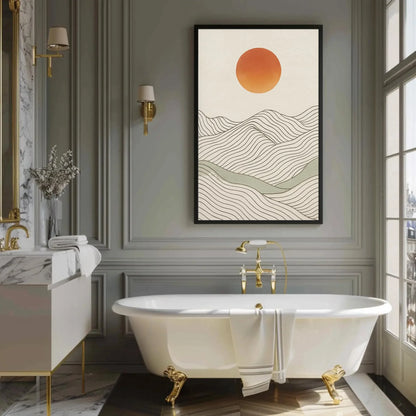 Minimalist Landscape Print | Japandi Wall Art | Abstract Sun and Hills Canvas | Boho Line Art with Neutral Tones Wall Art – Canvas Print