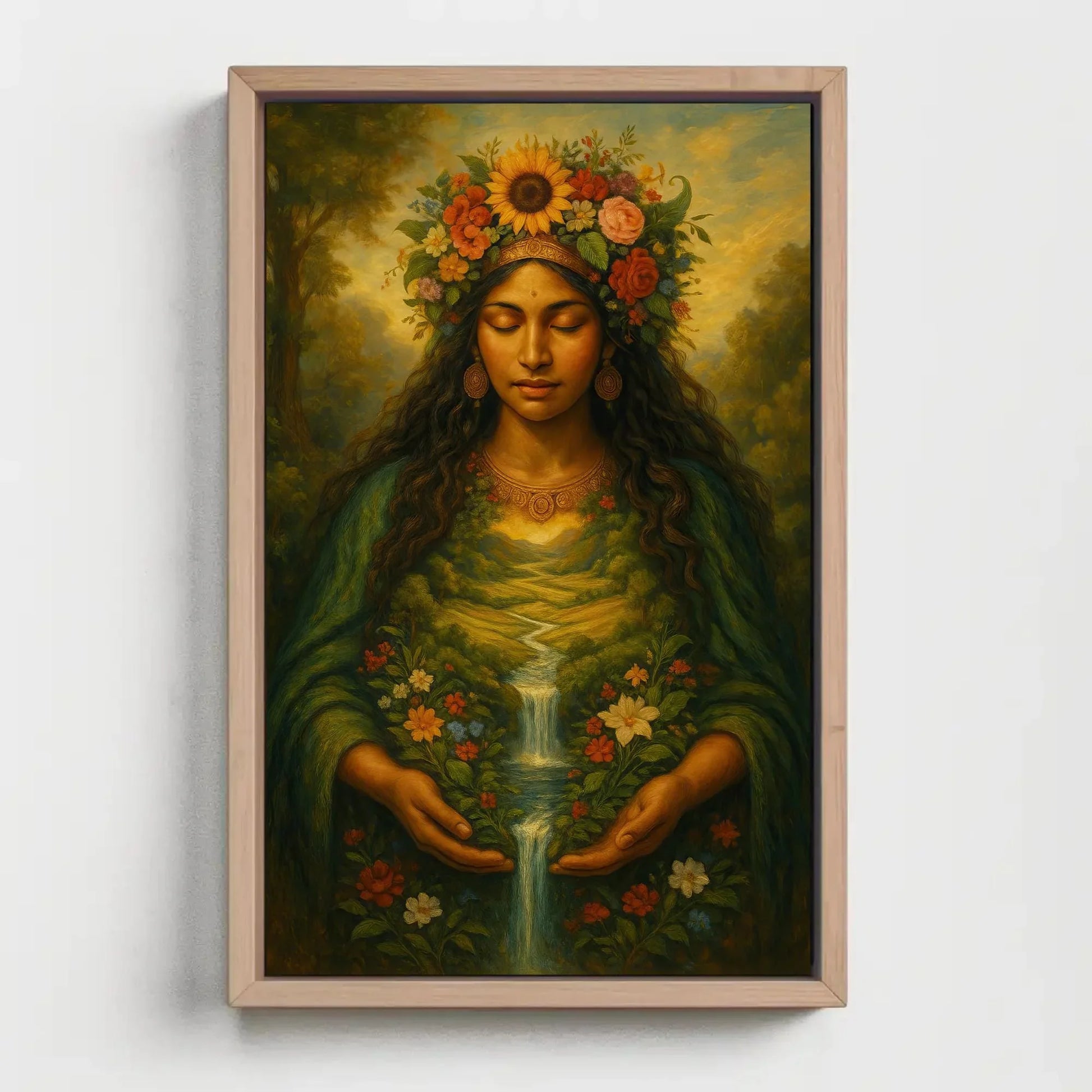 Pachamama earth goddess canvas painting wall art for nature inspired home decor with floral river landscape and divine feminine spirit Wall Art – Canvas Print