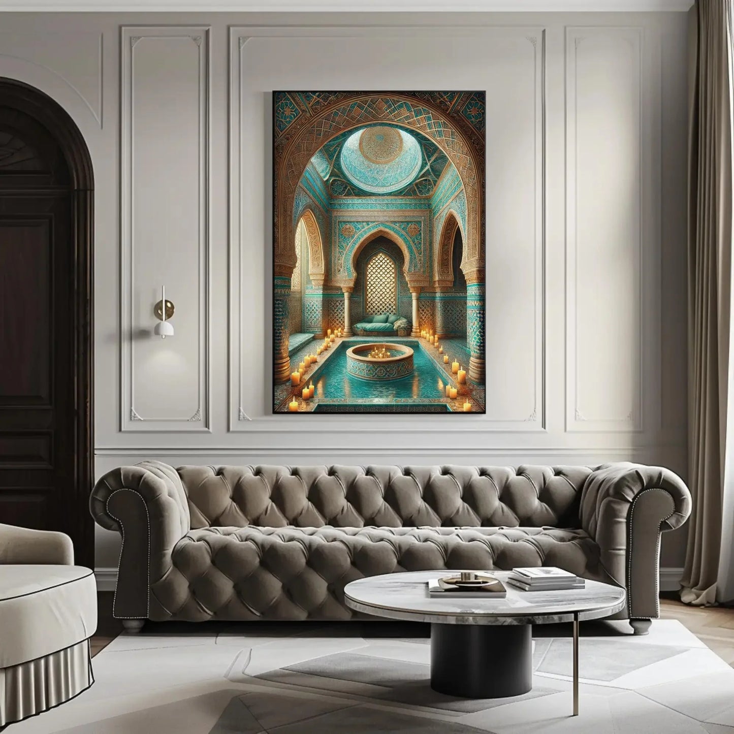 Moroccan Bathhouse Vertical Canvas Print | Traditional Moroccan Wall Art | Elegant Islamic Decor | Cultural Bathroom Artwork | Ready to Hang Wall Art – Canvas Print