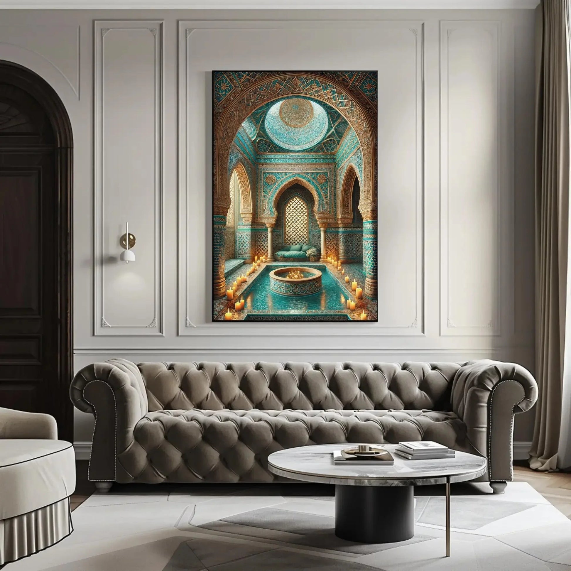 Moroccan Bathhouse Vertical Canvas Print | Traditional Moroccan Wall Art | Elegant Islamic Decor | Cultural Bathroom Artwork | Ready to Hang Wall Art – Canvas Print