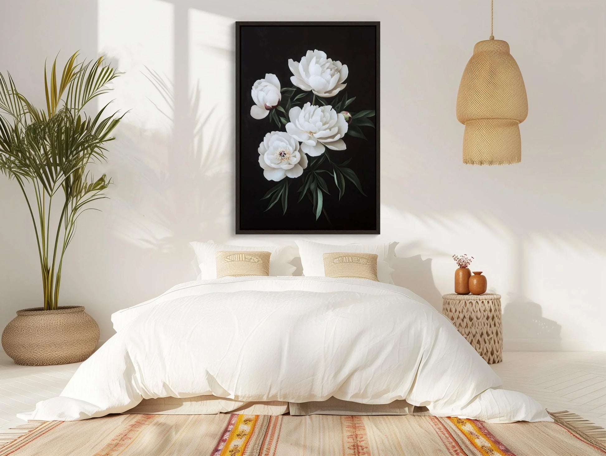 White Peonies on Matte Black Background Canvas Print - Elegant Floral Wall Art - Framed Modern Decor for Living Room, Bedroom, Ready to Hang Wall Art – Canvas Print