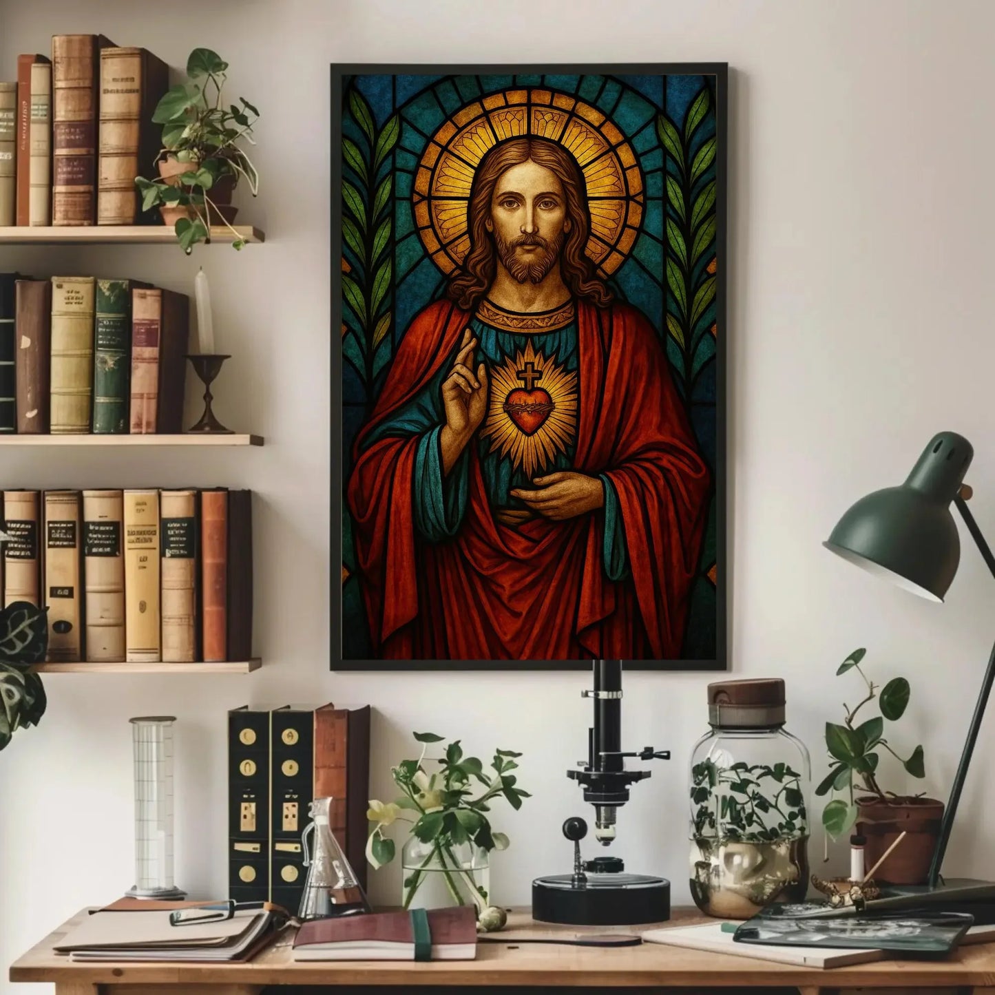 Sacred Heart of Jesus stained glass style wall art print Christian religious artwork Catholic home decor spiritual gift inspirational poster Wall Art – Canvas Print