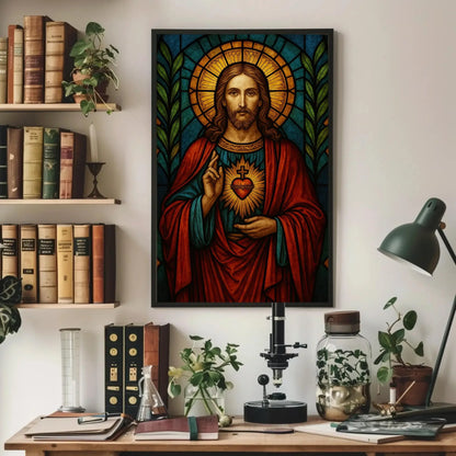 Sacred Heart of Jesus stained glass style wall art print Christian religious artwork Catholic home decor spiritual gift inspirational poster Wall Art – Canvas Print
